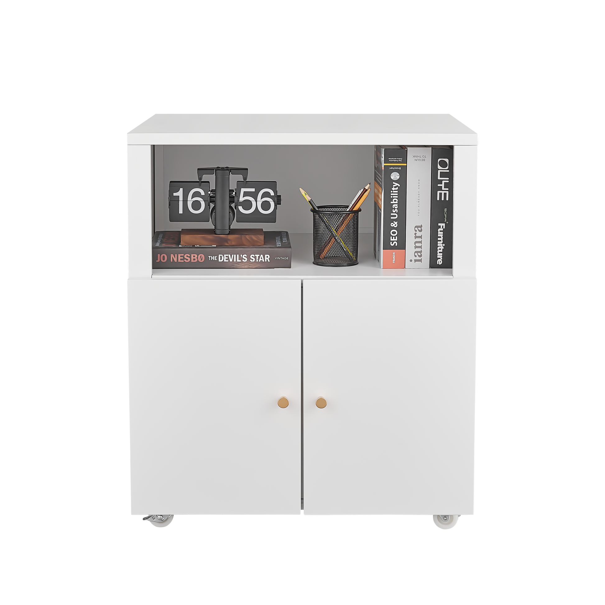 White rolling storage cabinet with two doors and woodtone drawer pulls