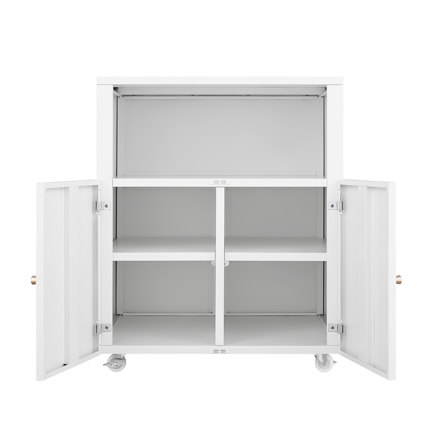 White metal storage cabinet with four shelves and open doors