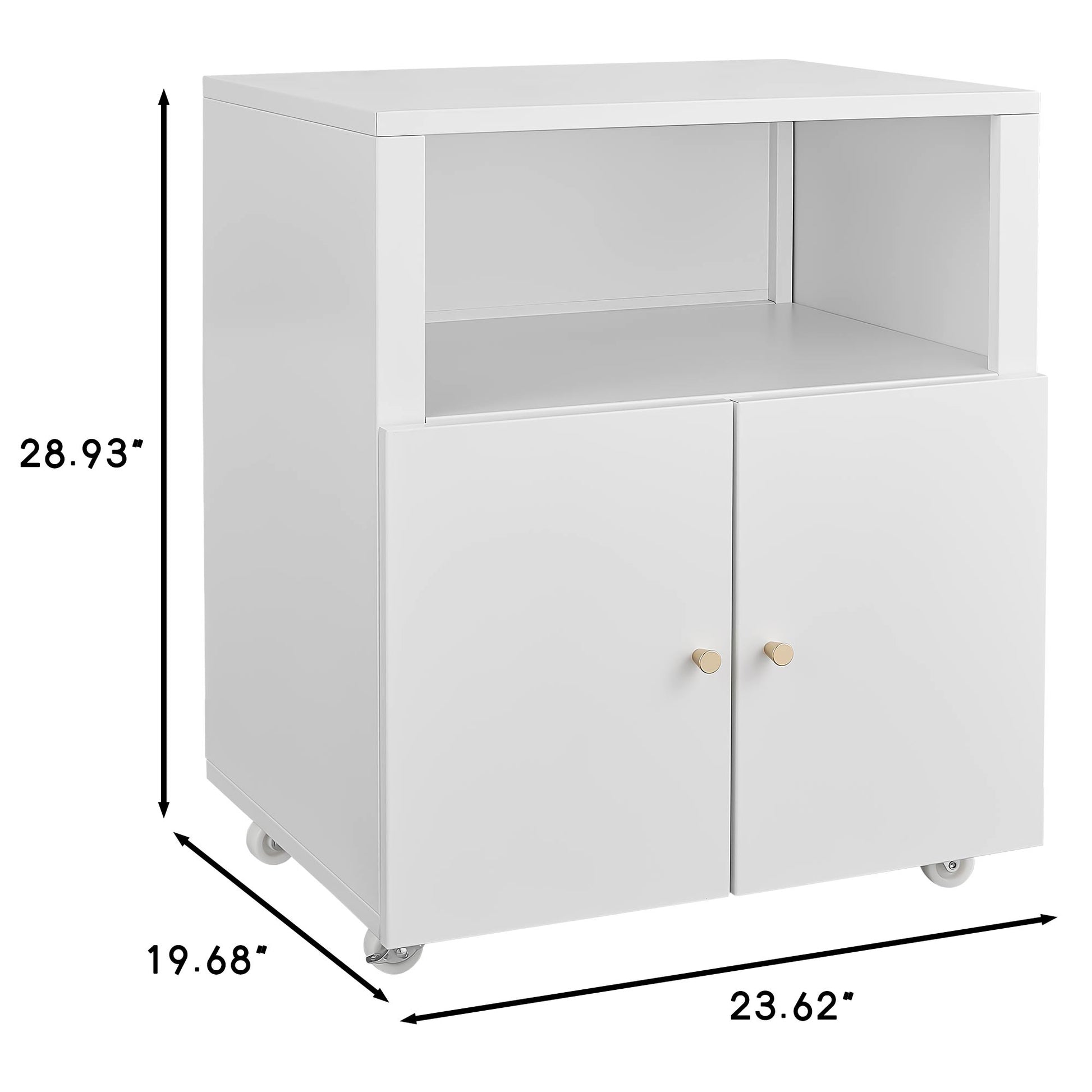 White twodoor rolling storage cabinet with open shelf