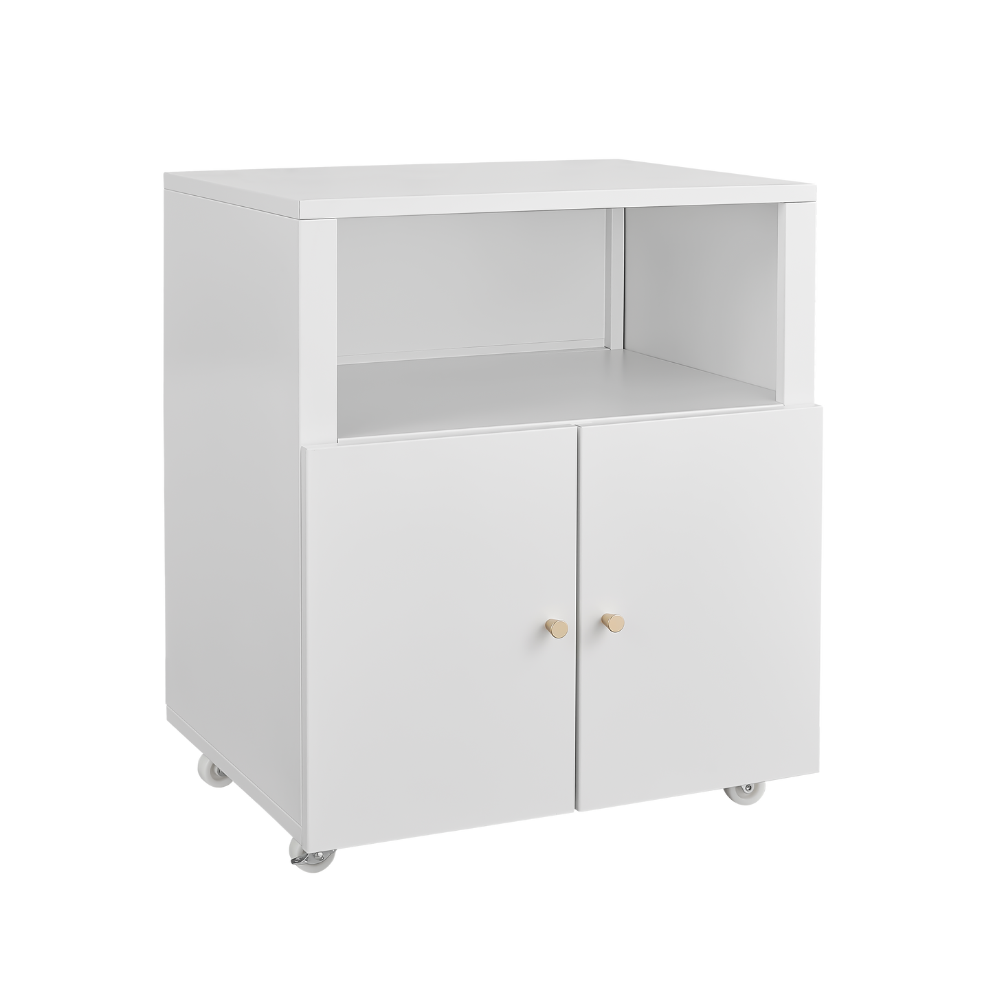 White rolling kitchen cart with open top shelf and two goldknob cabinet doors