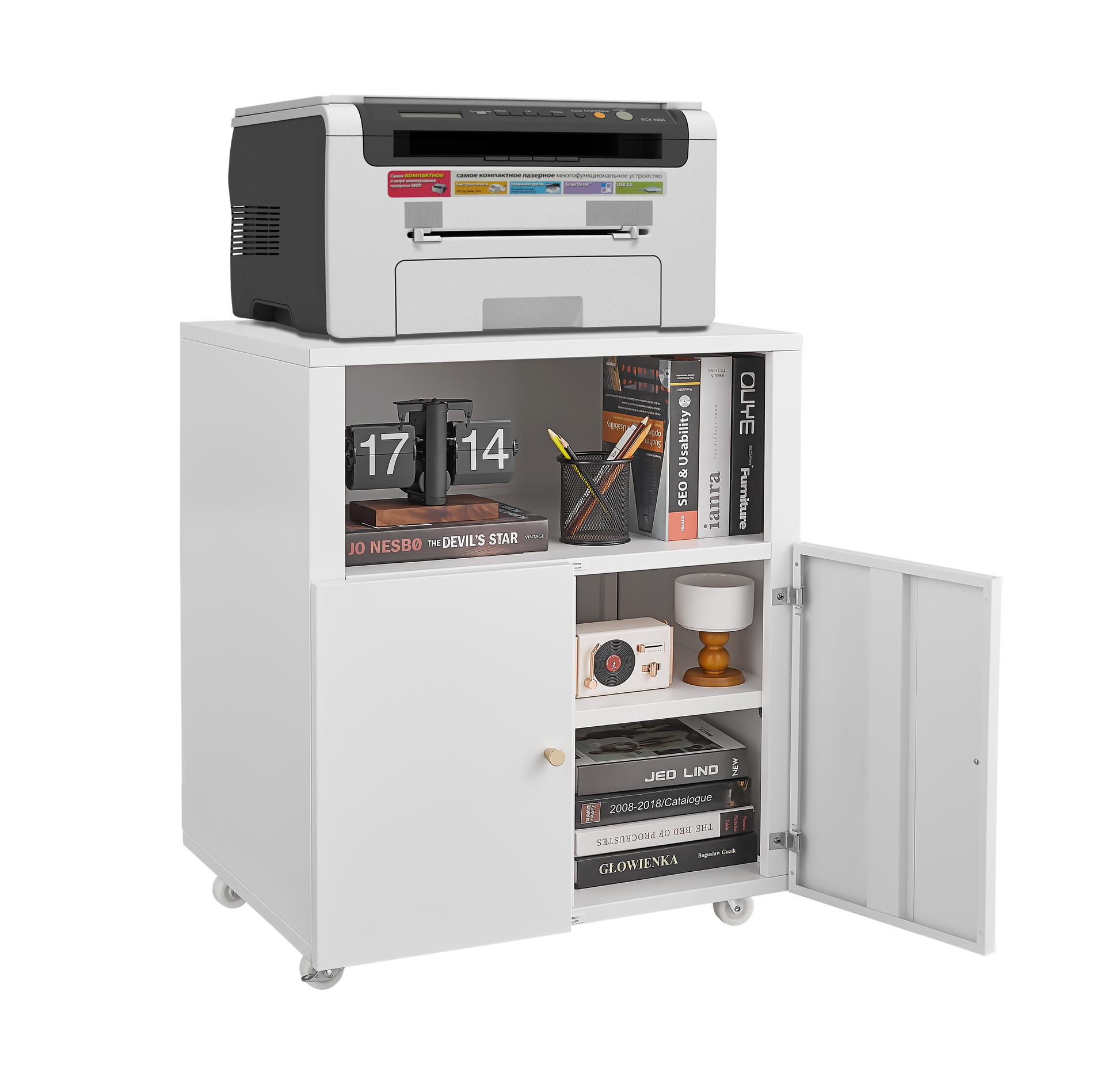 White metal filing cabinet with a printer on top ideal for office storage
