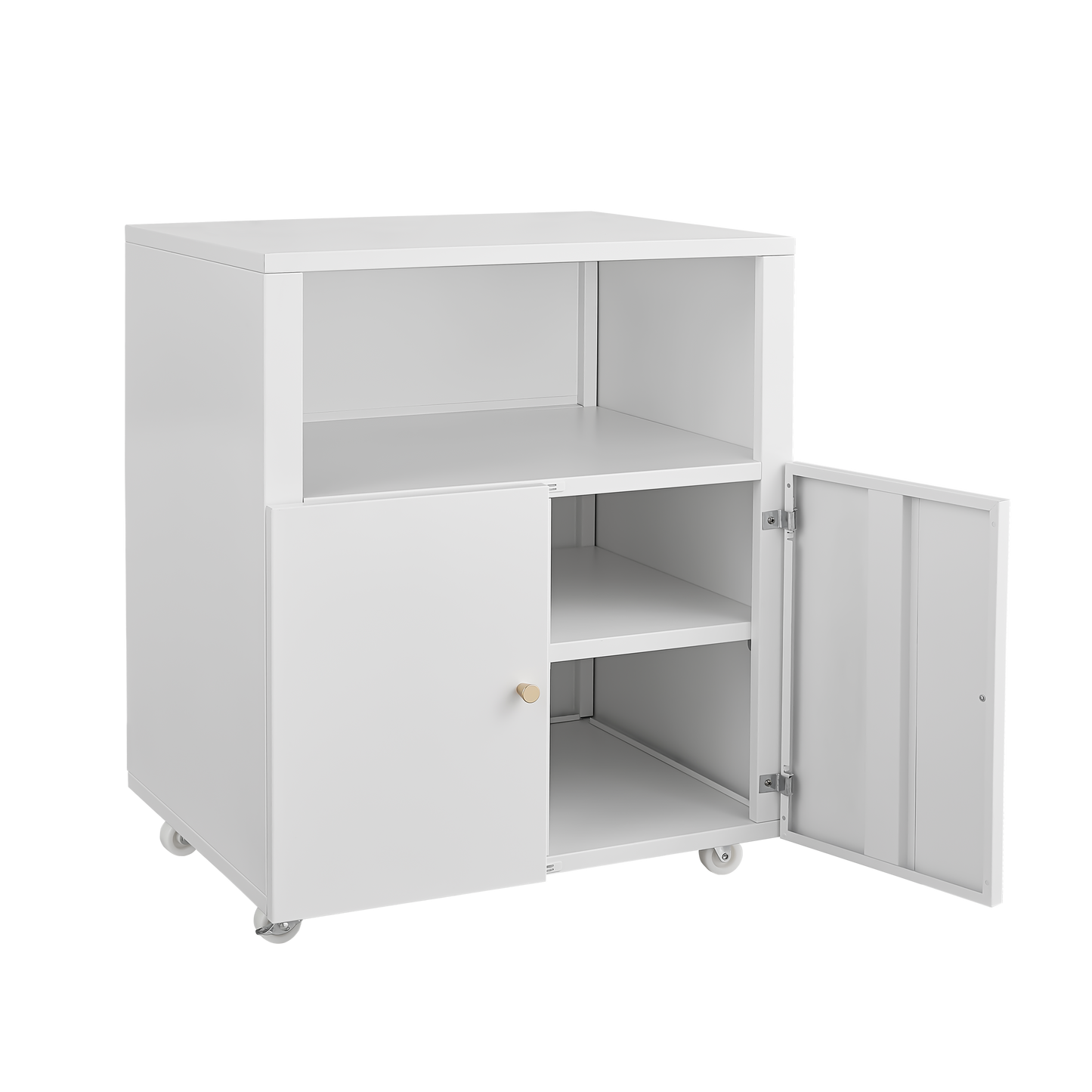 White metal bedside table with open door and three shelves
