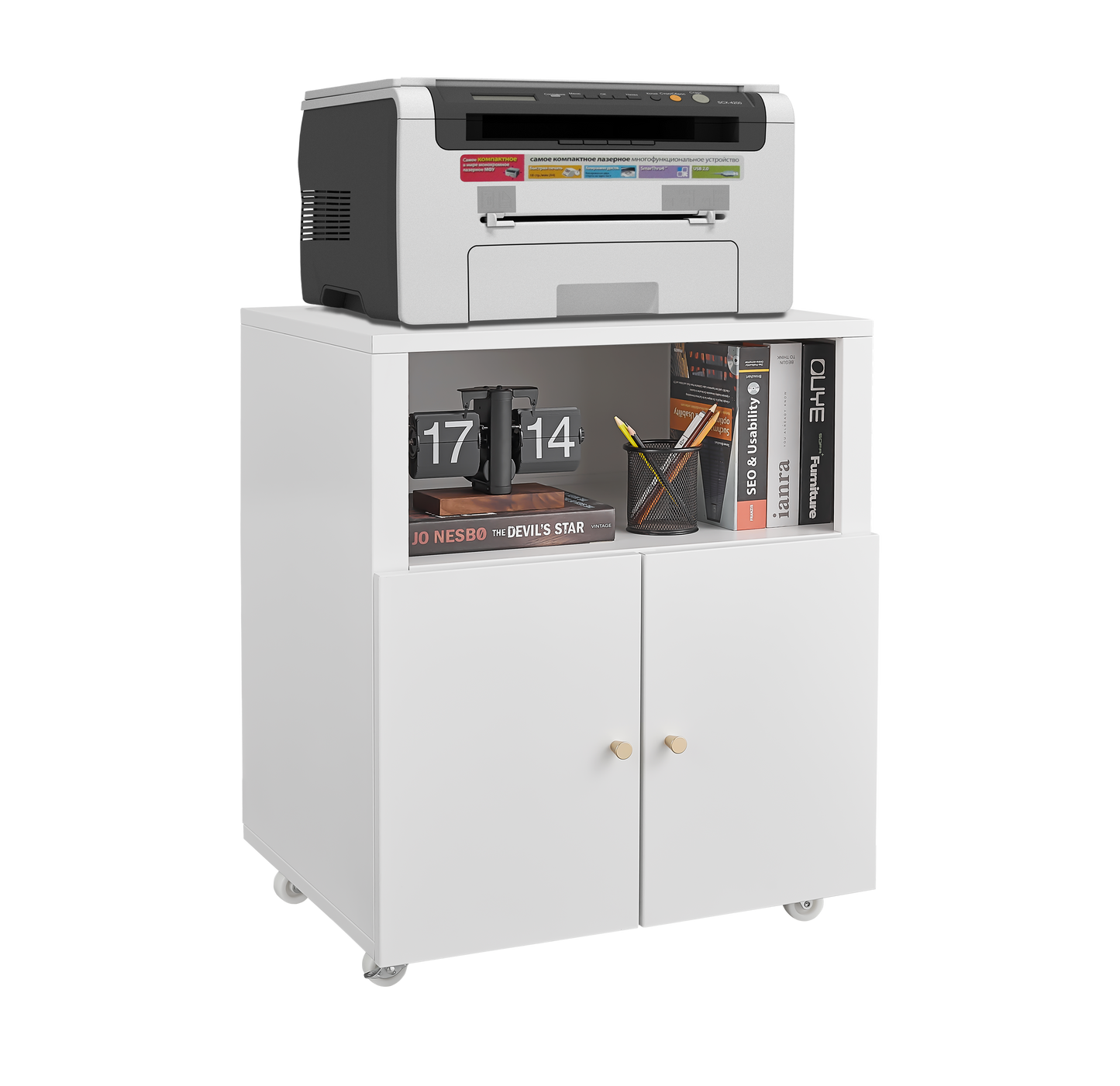 White printer on modern storage cabinet with gold knobs and wheels
