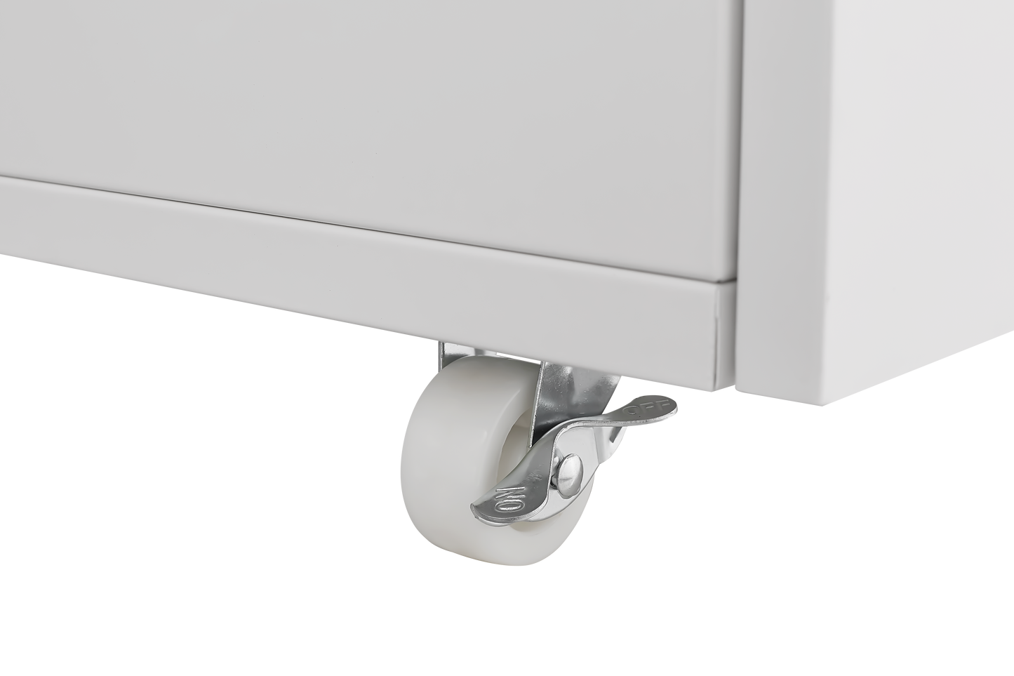 White swivel caster wheel with a metal brake