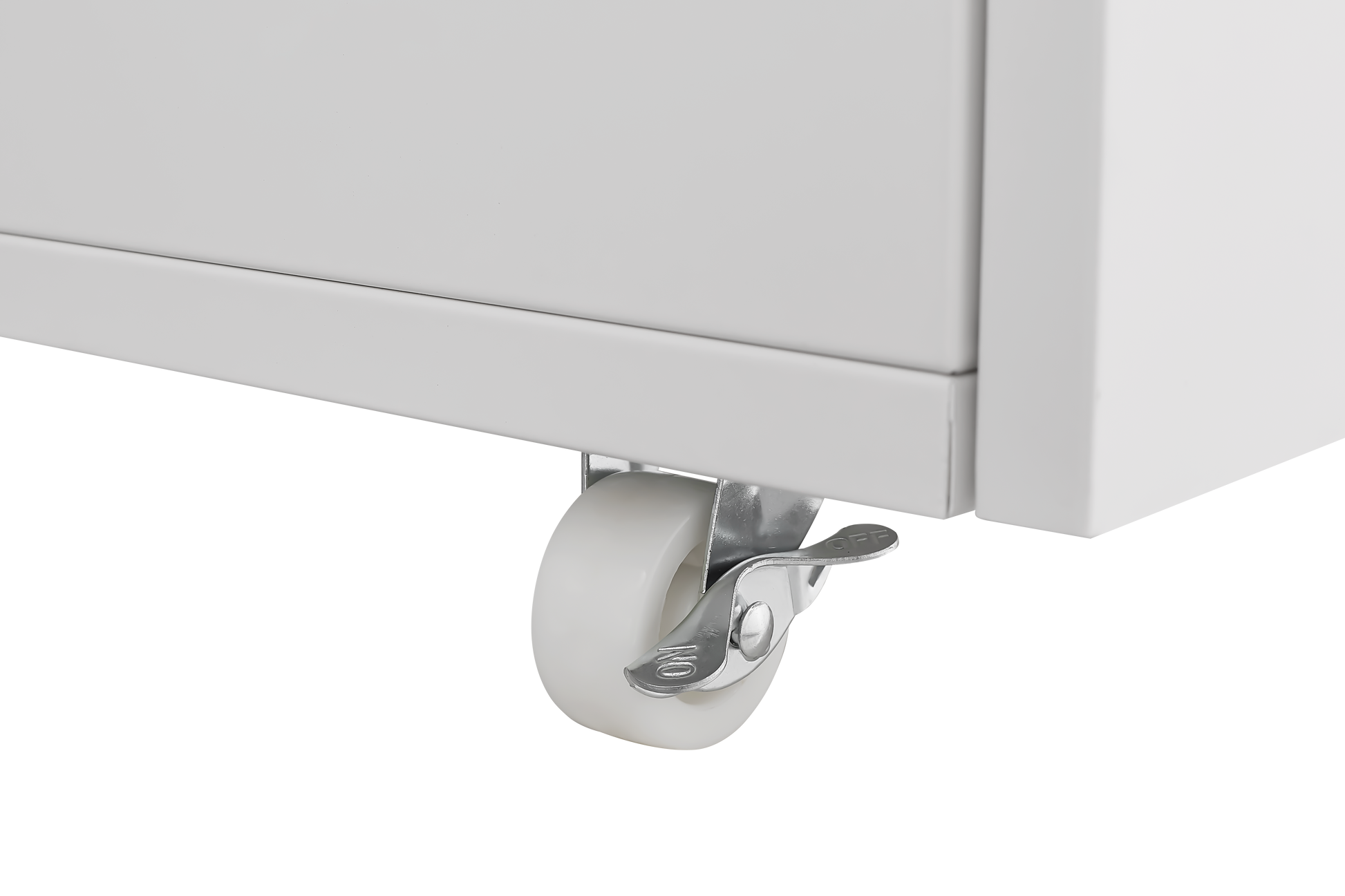 White swivel caster wheel with a metal brake