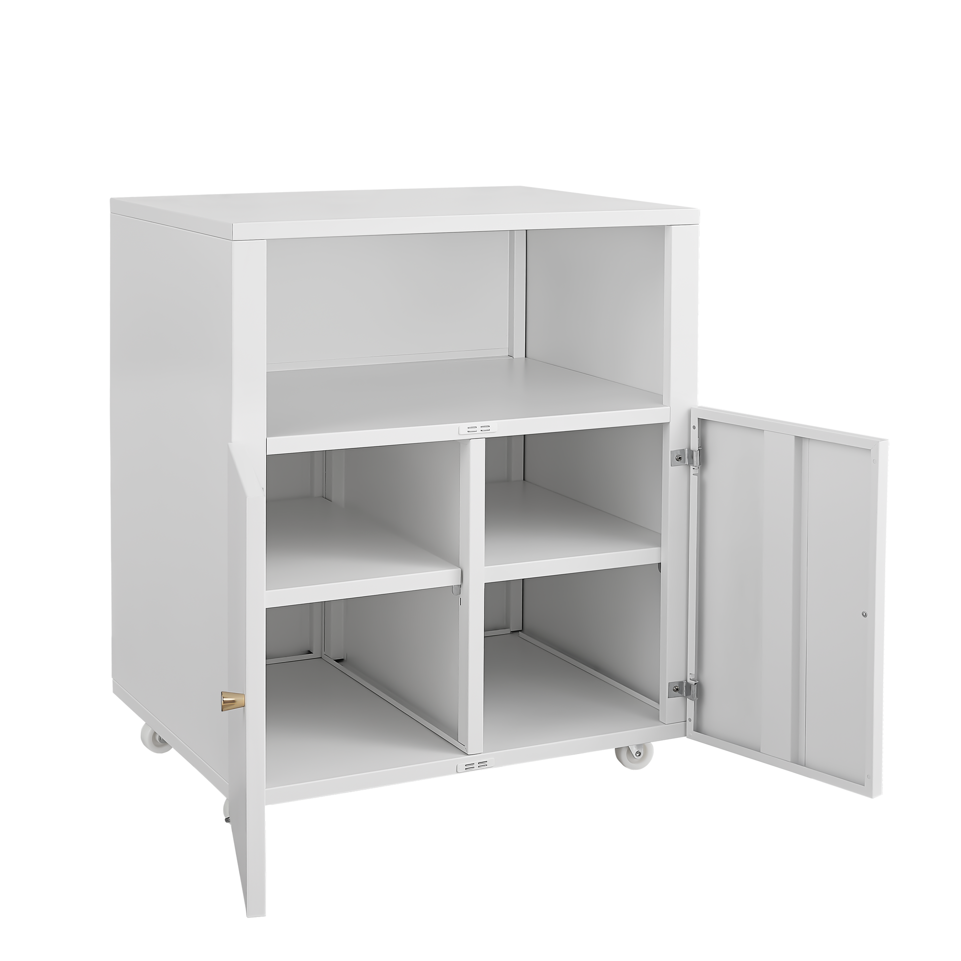 White metal storage cabinet with open door and four shelves