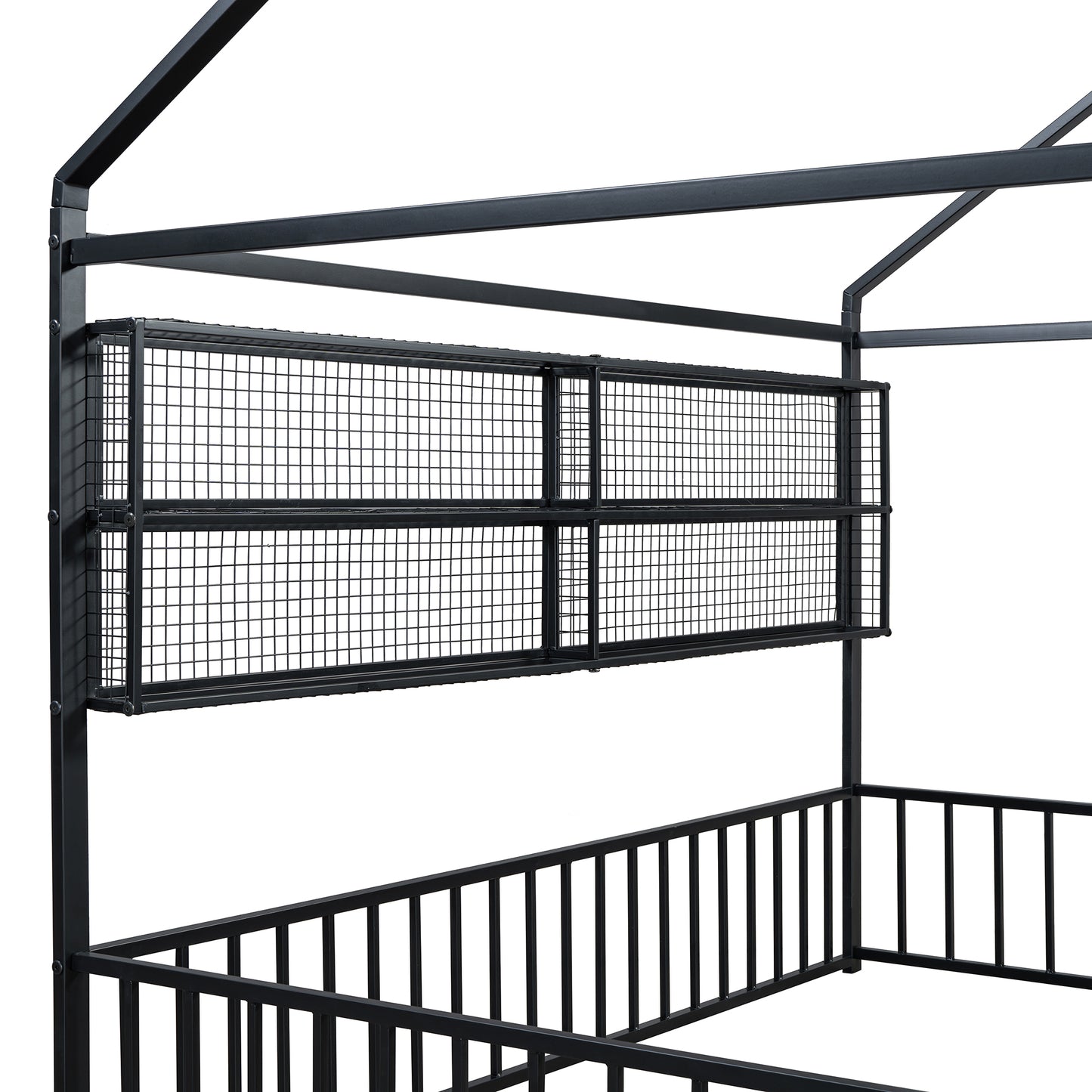 Black metal canopy bed frame with integrated wire mesh shelves