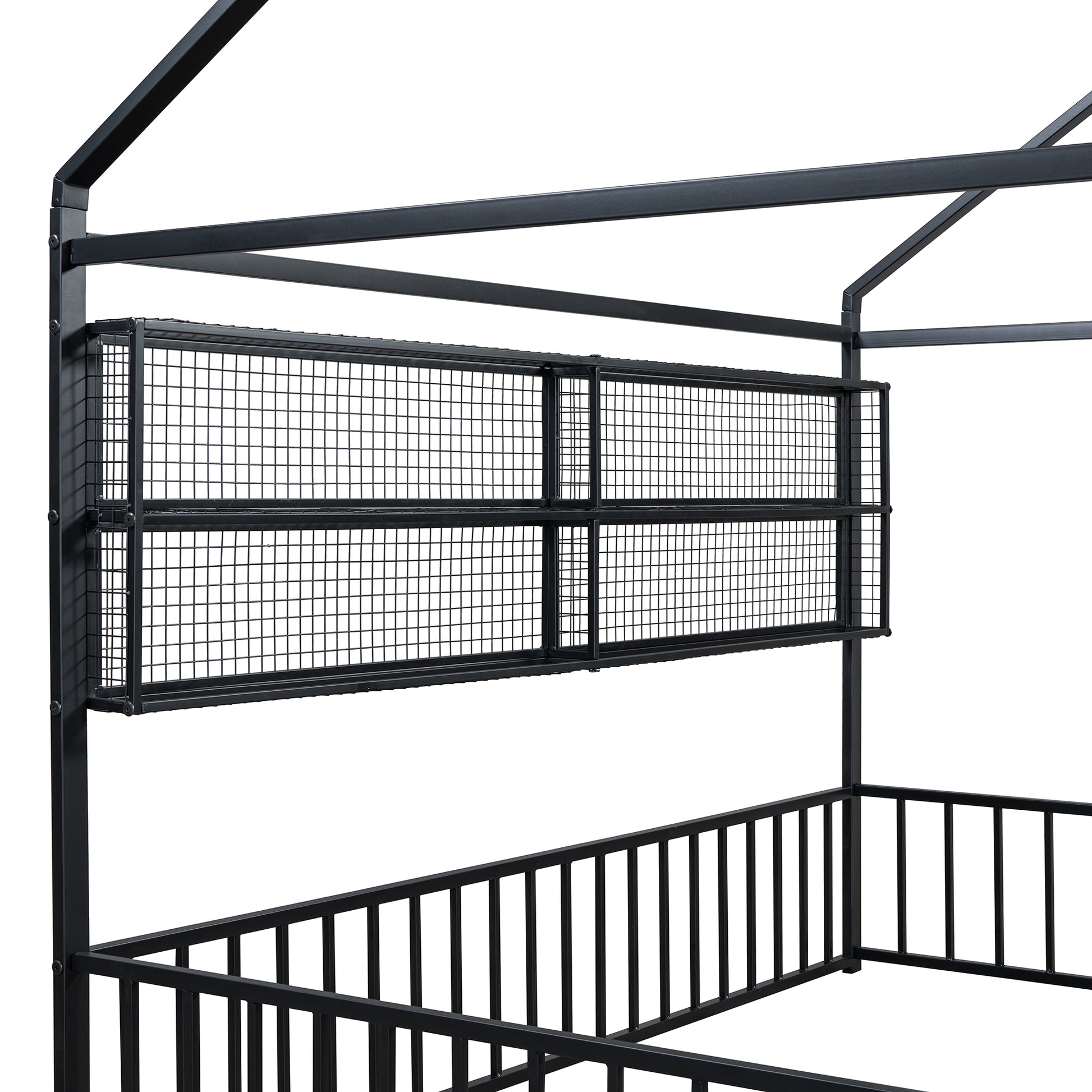 Black metal canopy bed frame with integrated wire mesh shelves
