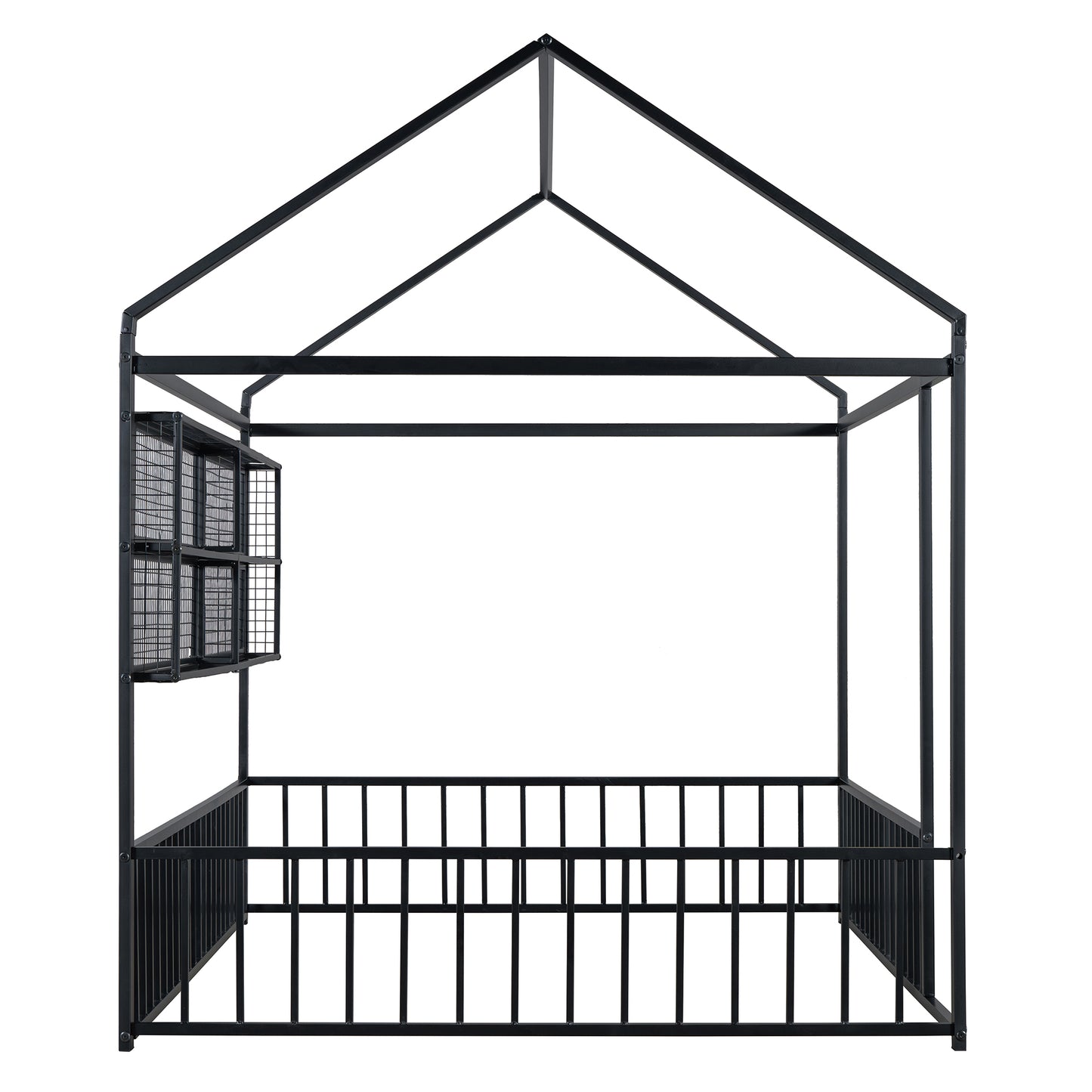 Black metal twin house bed frame with roof and storage baskets