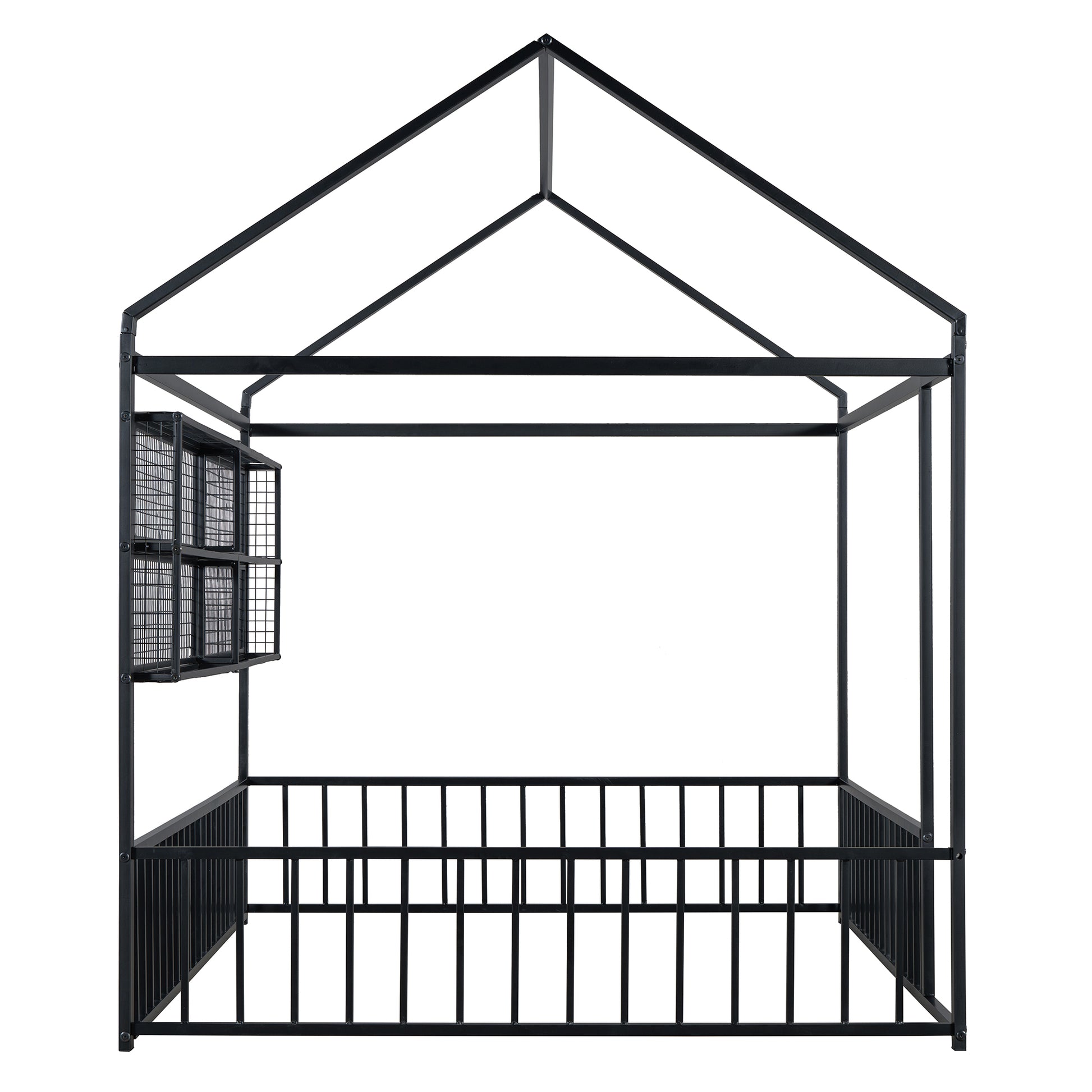 Black metal twin house bed frame with roof and storage baskets