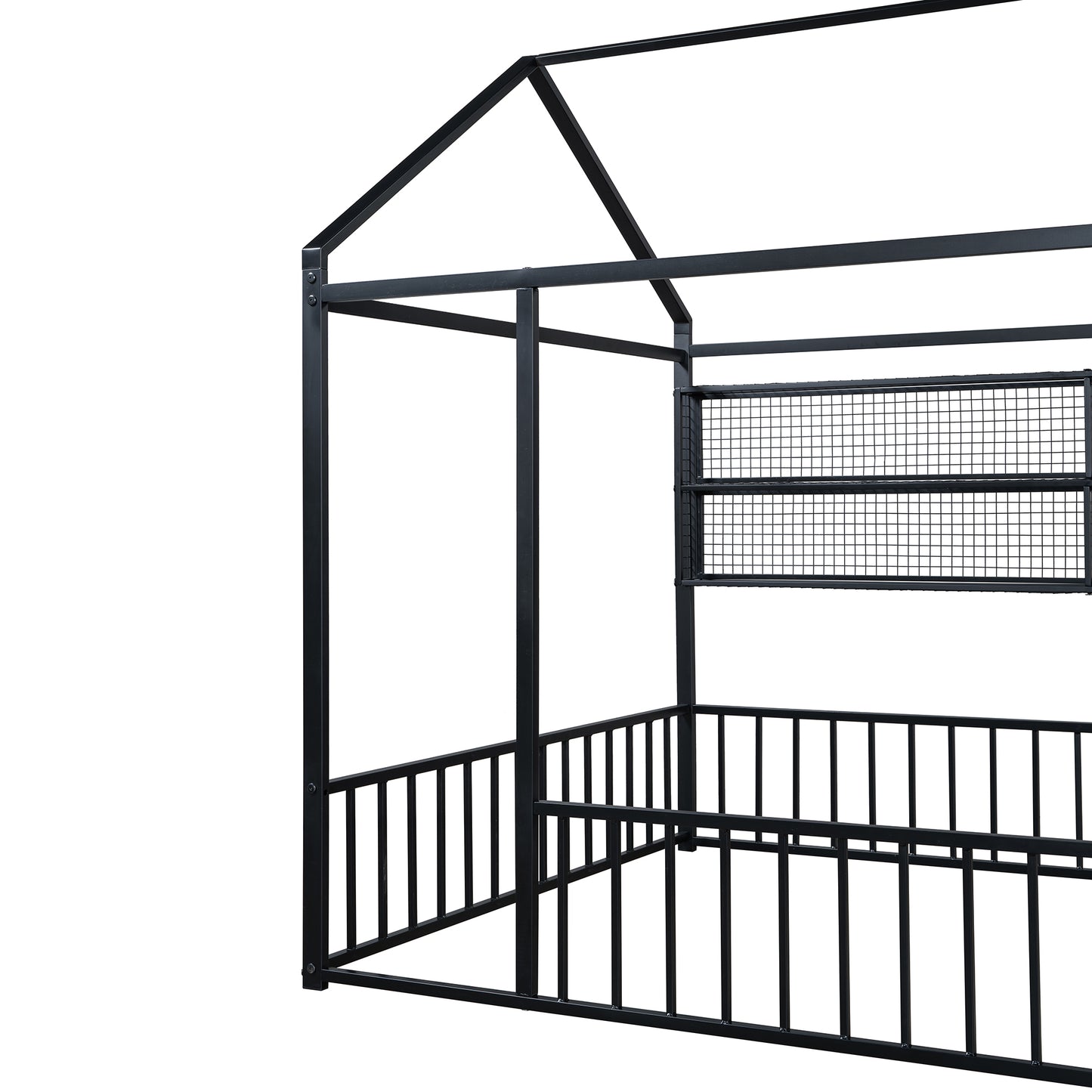 Black metal house bed frame with guardrails