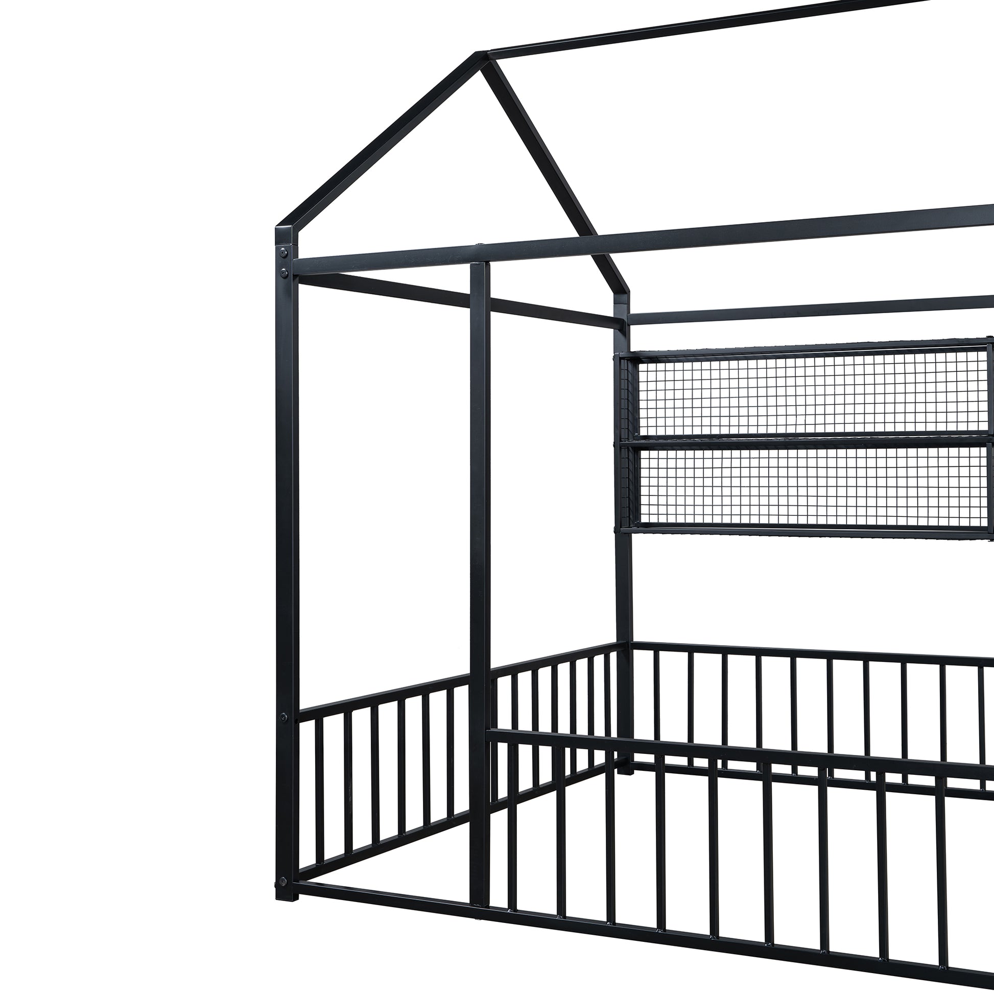 Black metal house bed frame with guardrails