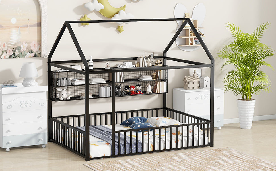 Black metal house bed frame with guardrails and builtin shelving