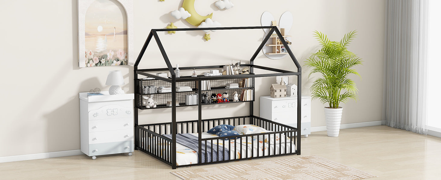 Black metal house frame toddler bed with attached shelves