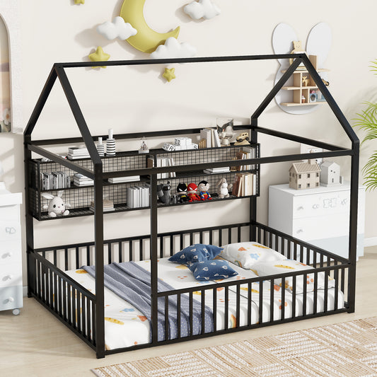 Black metal house bed frame with guardrails and integrated shelves