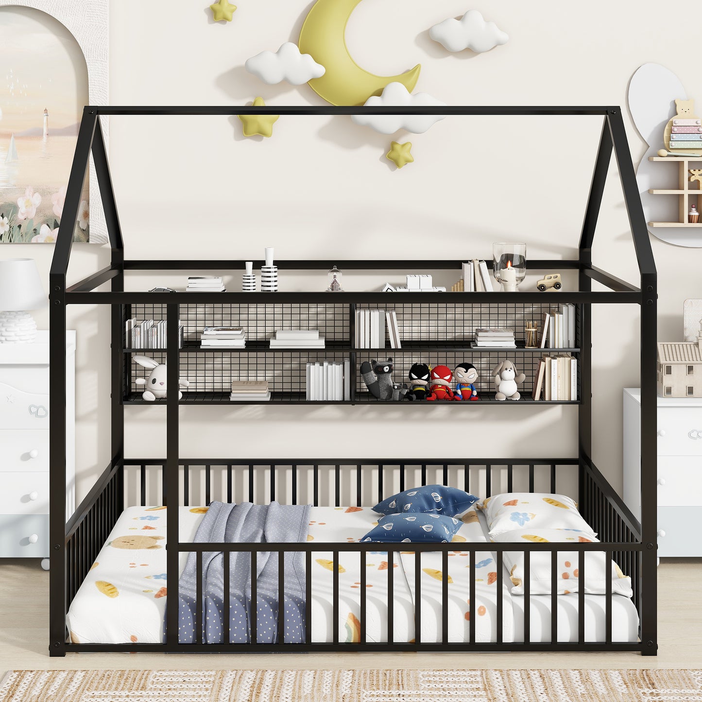 Black metal house bed frame with shelves