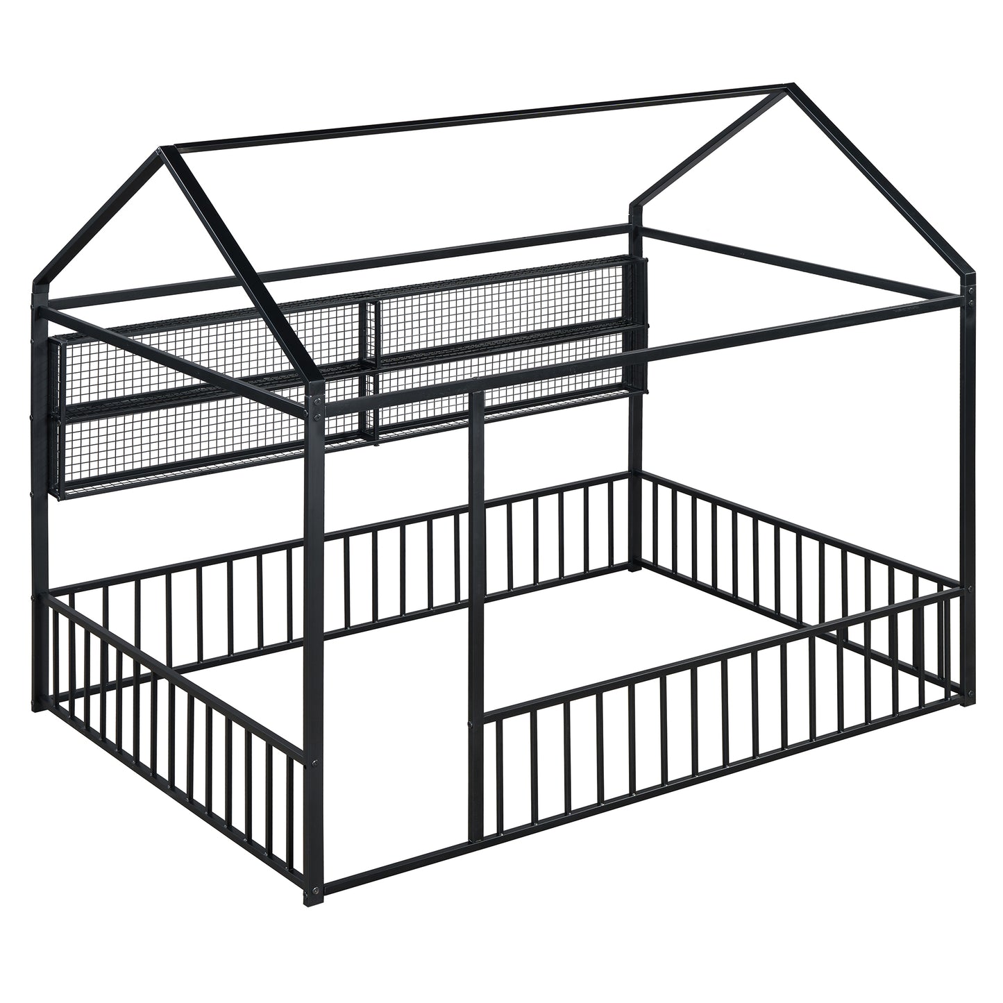 Black metal pet playpen with mesh roof panels and a houseshaped frame