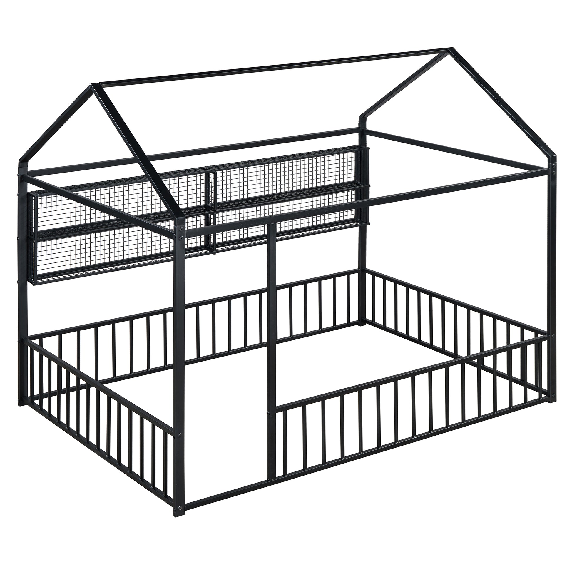 Black metal pet playpen with mesh roof panels and a houseshaped frame