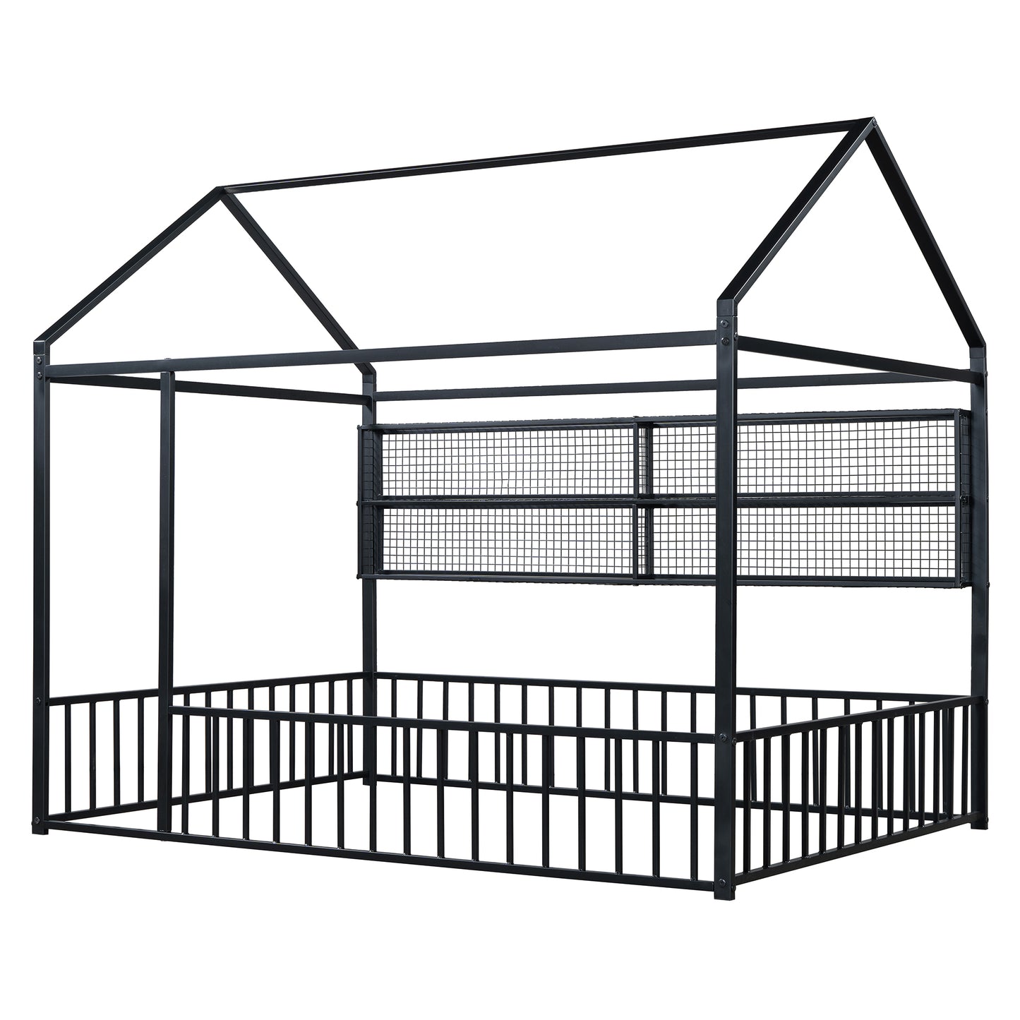 Black metal house bed frame with railing and mesh panels