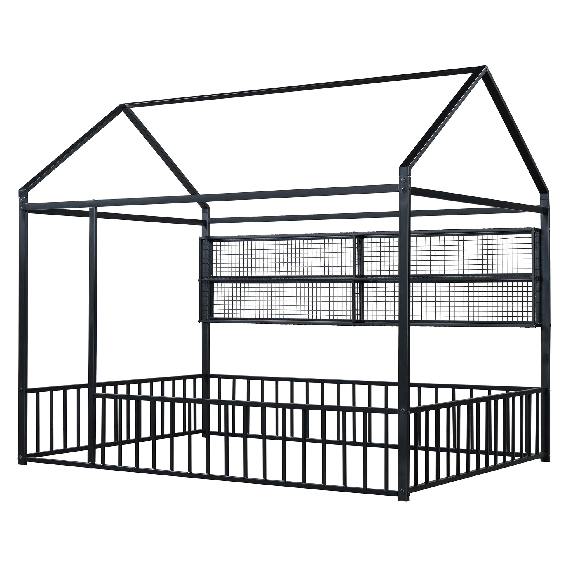 Black metal house bed frame with railing and mesh panels