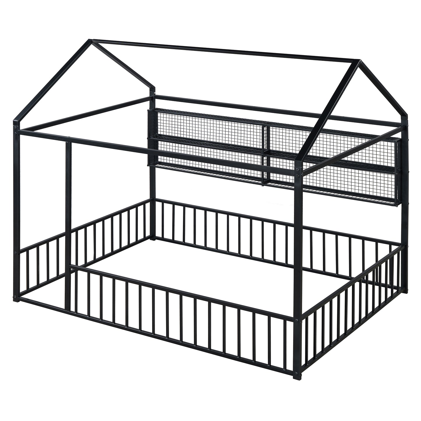 Black metal house frame bed with safety rails and mesh shelves