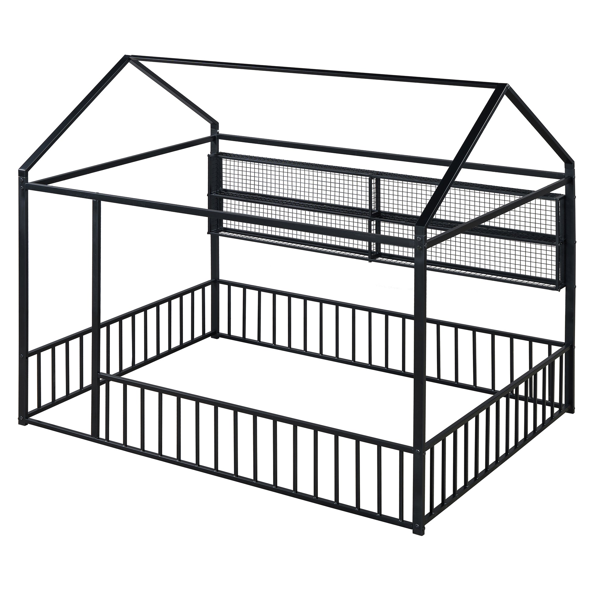 Black metal house frame bed with safety rails and mesh shelves