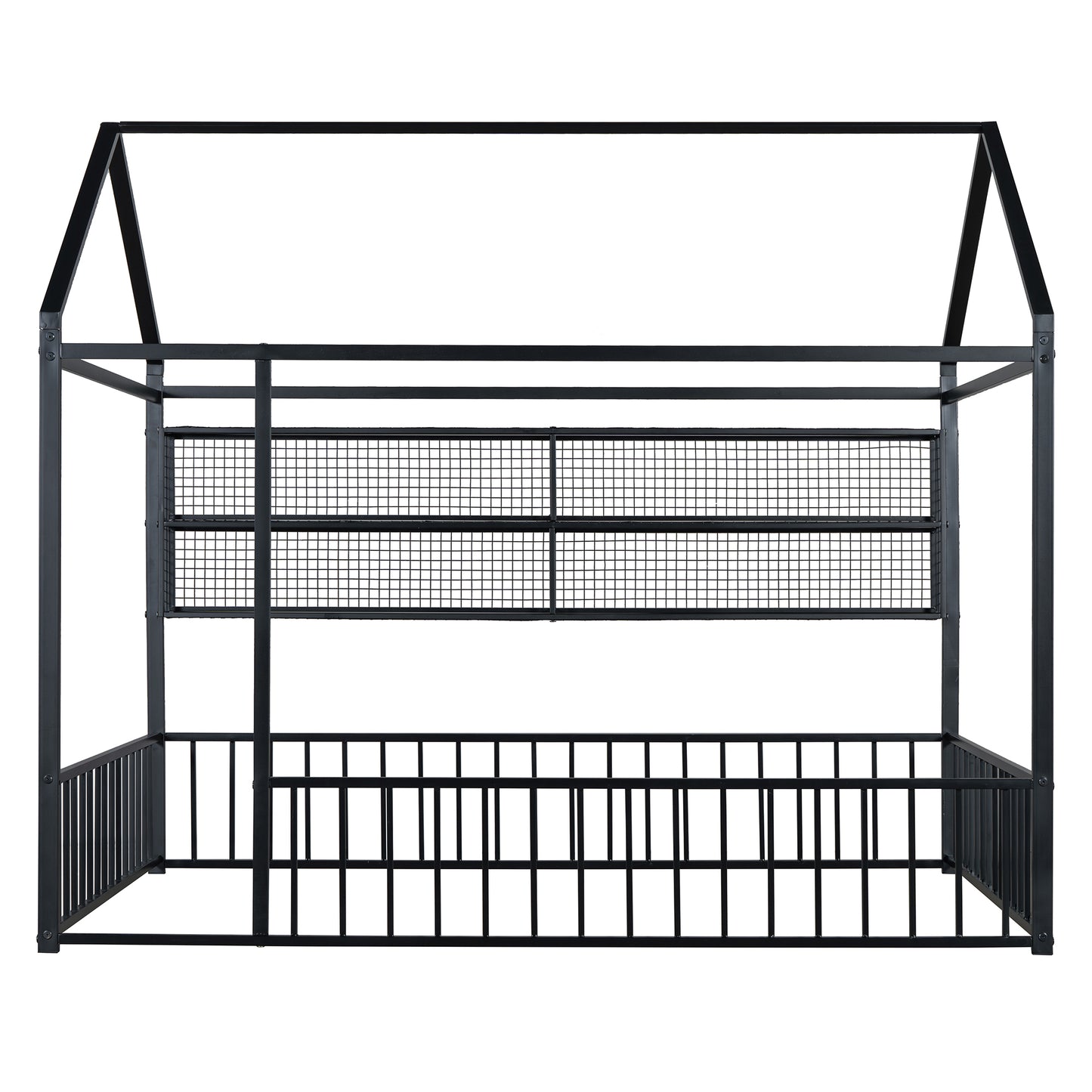 Black metal house frame bed with mesh panel headboard and footboard
