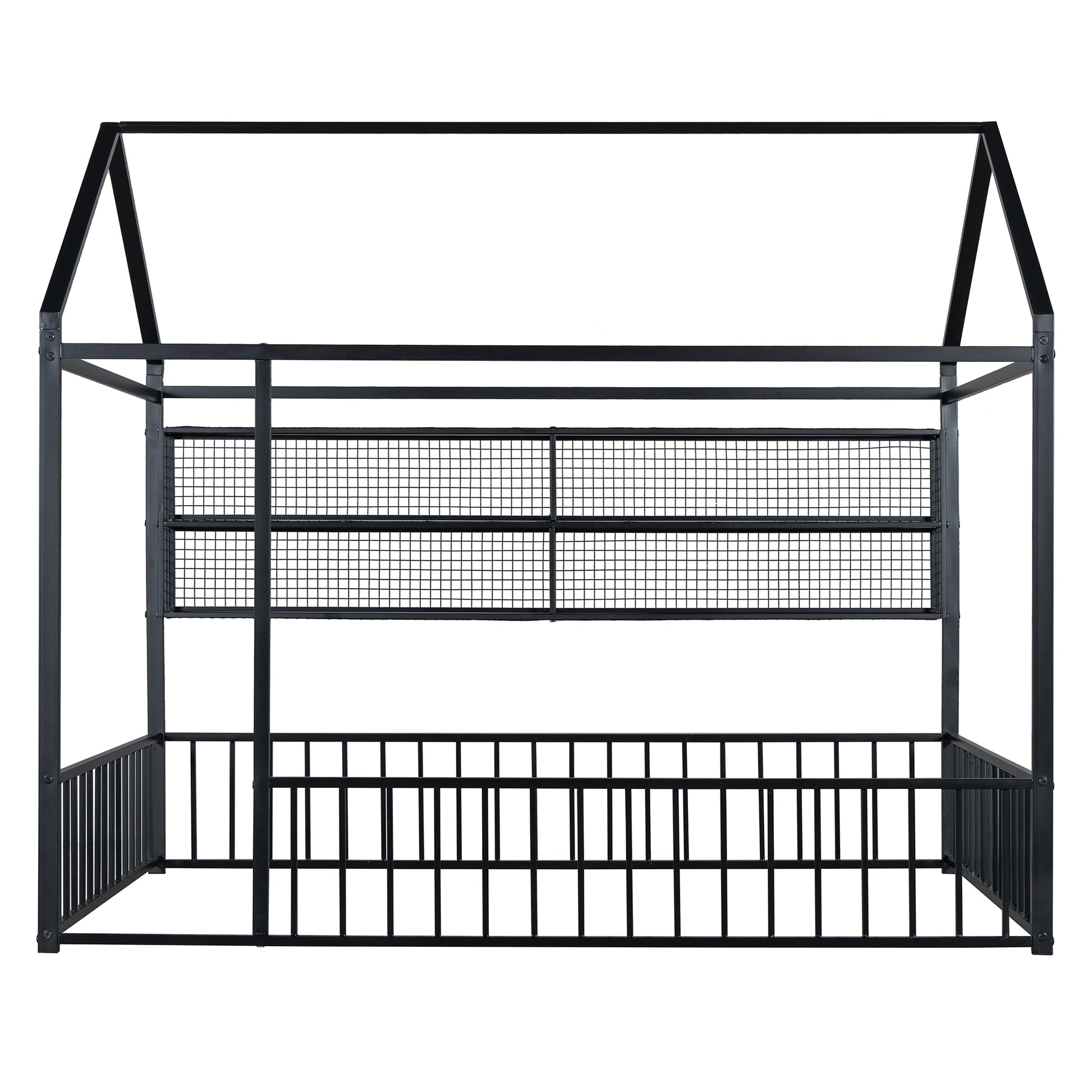 Black metal house frame bed with mesh panel headboard and footboard