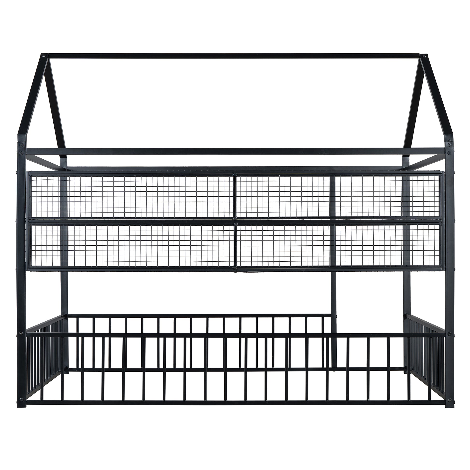 Black metal house frame bed with fencelike side rails