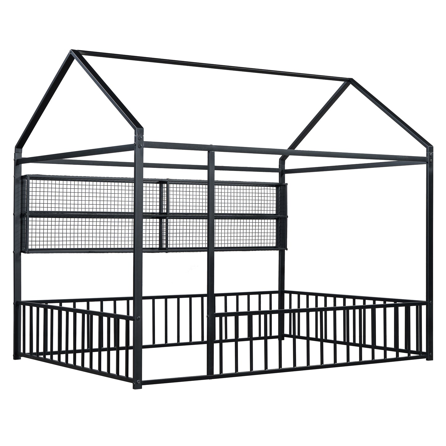 Black metal house bed frame with safety rails and fence