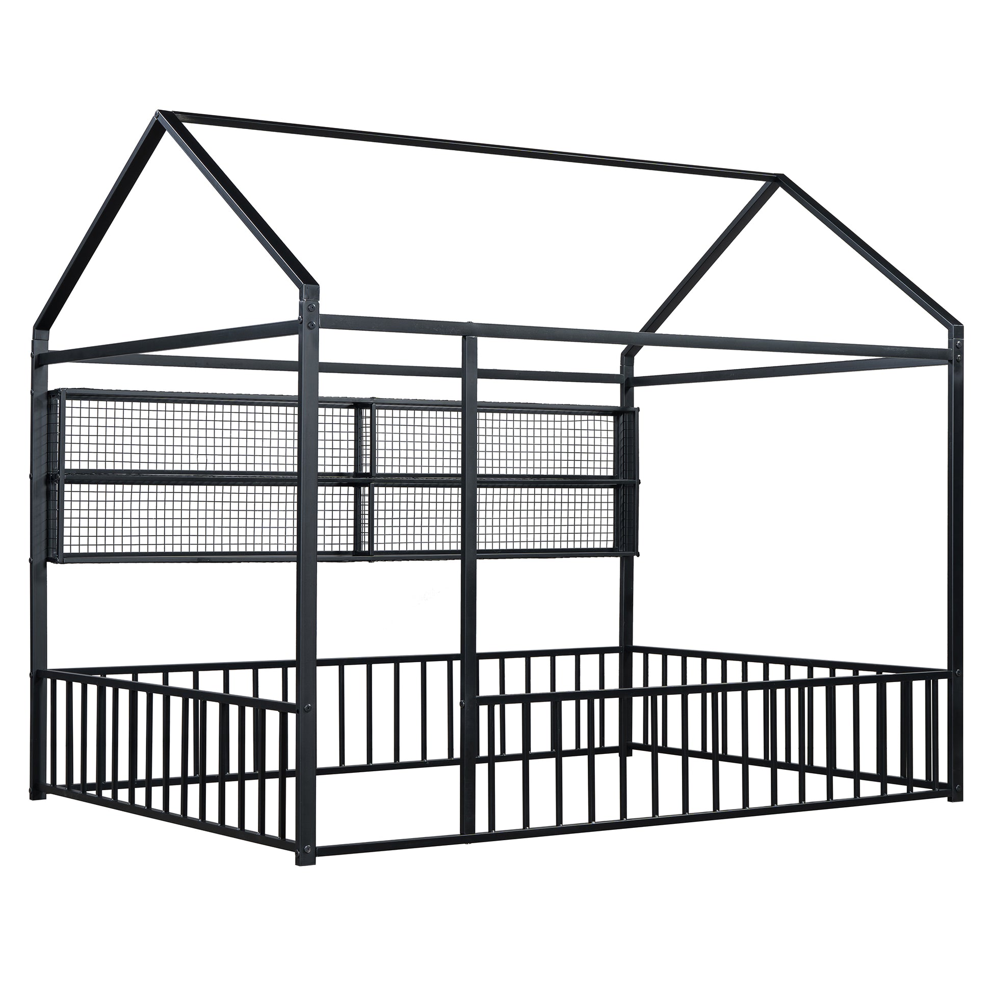 Black metal house bed frame with safety rails and fence