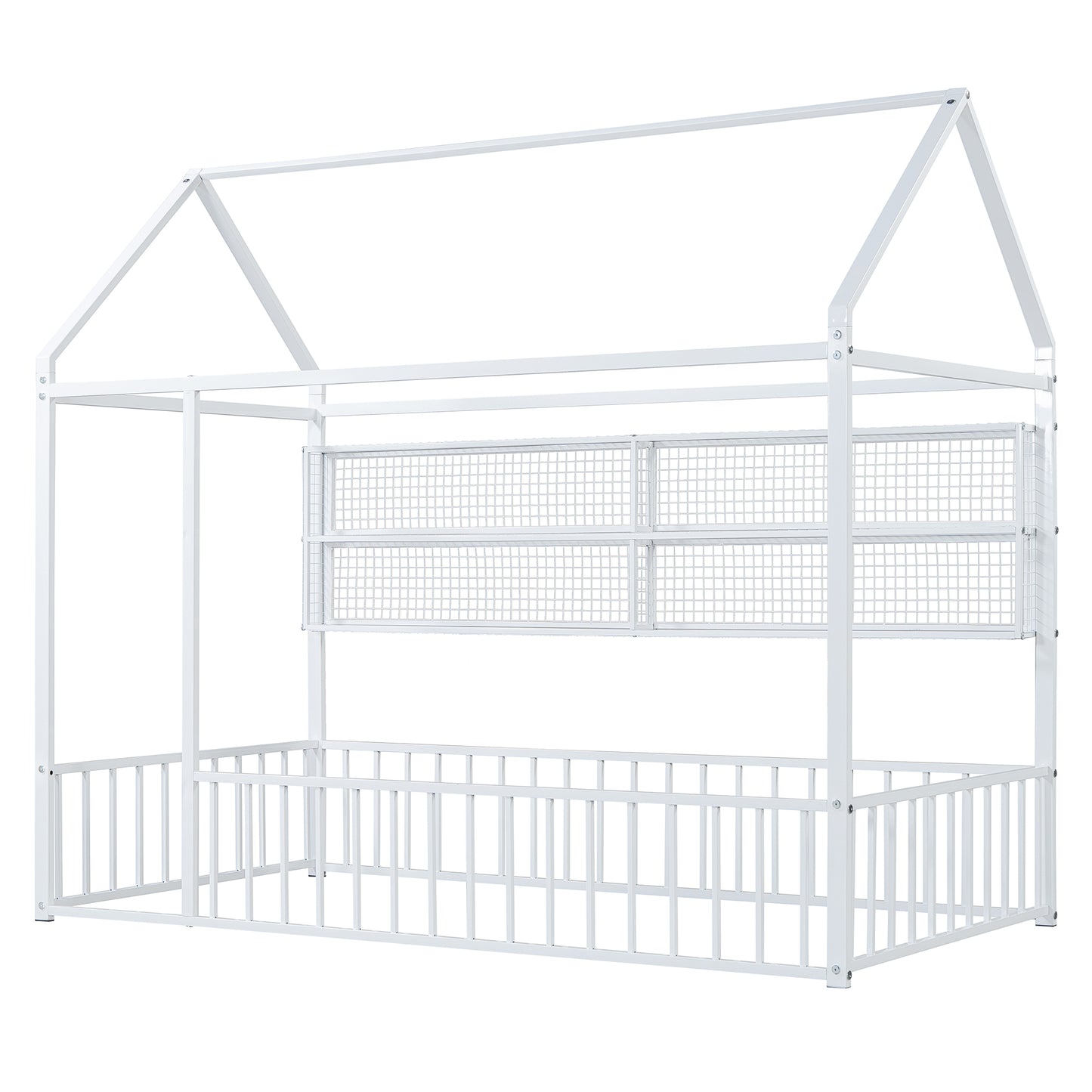 White metal house bed frame with safety rails and roof structure