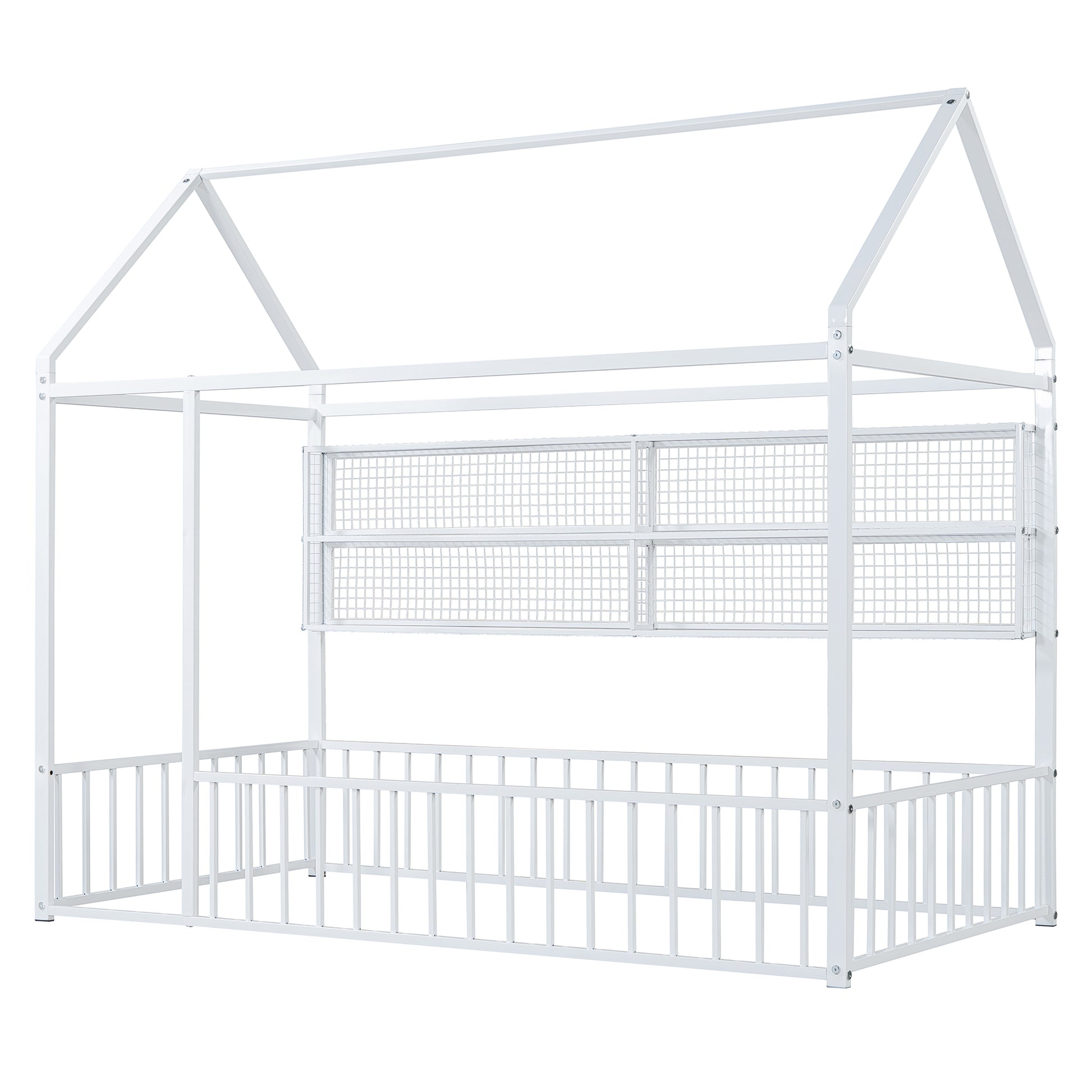 White metal house bed frame with safety rails and roof structure