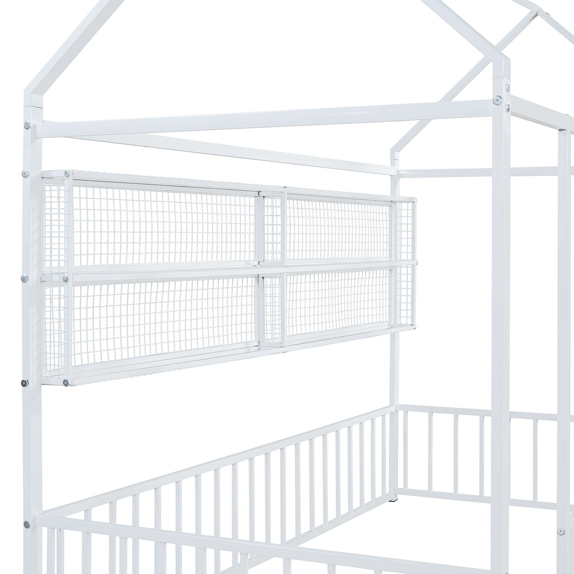 White metal house bed frame with wire mesh shelves