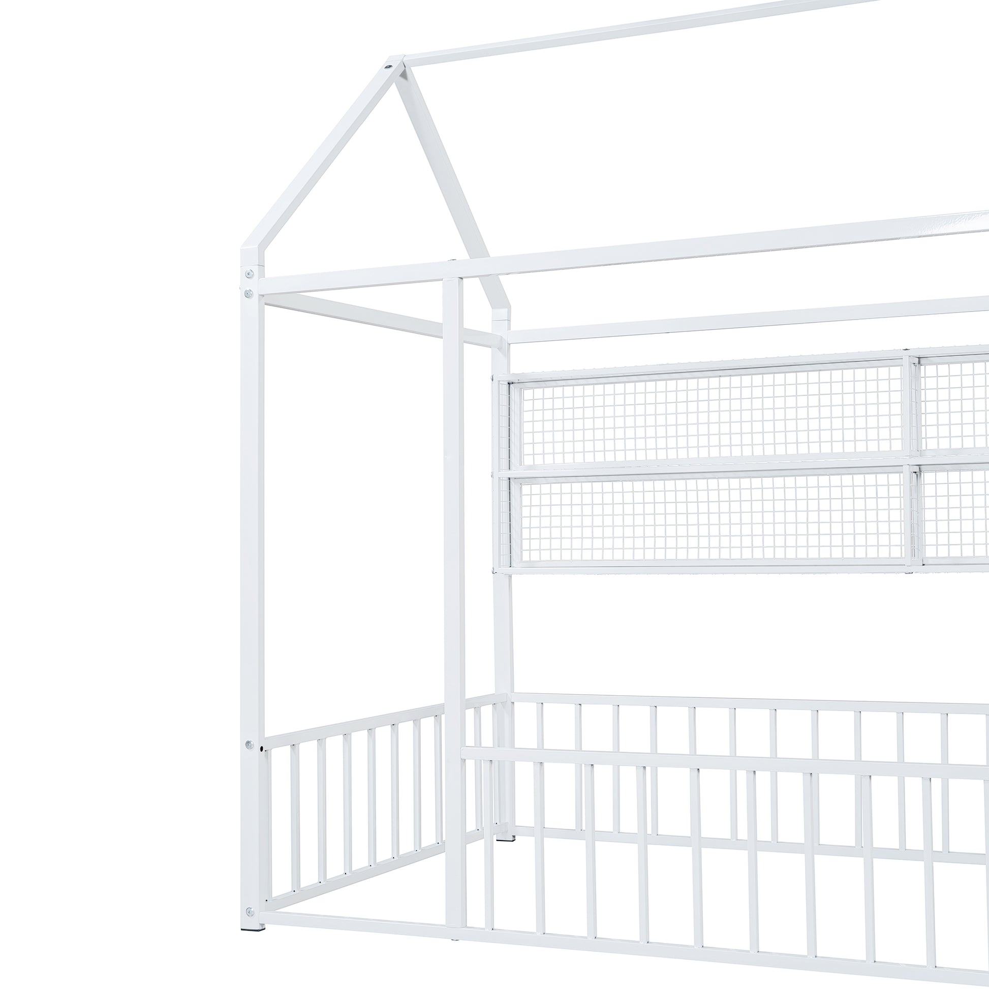 White metal canopy bed frame with houseshaped roof and safety rails