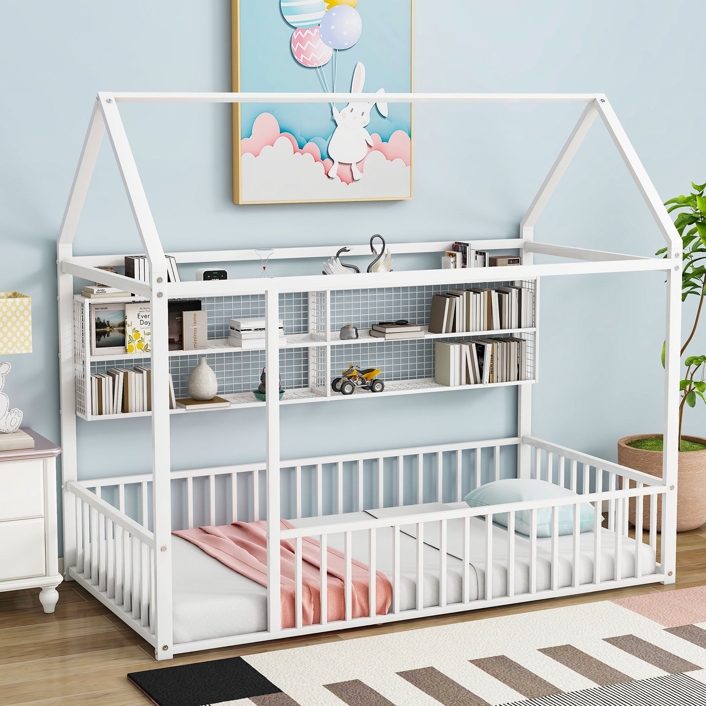 White metal house bed frame with builtin shelves for kids