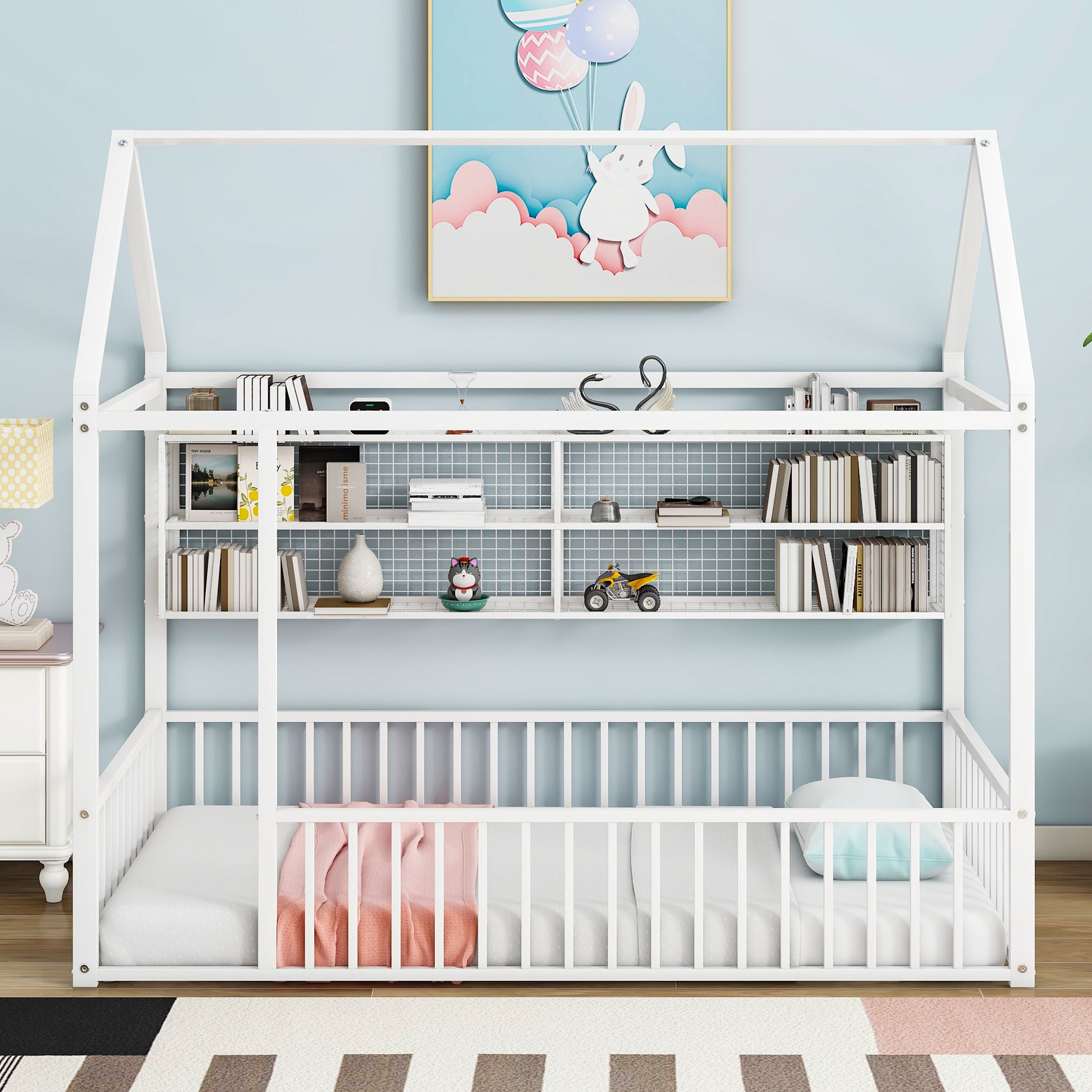 White metal house bed frame with integrated bookshelf