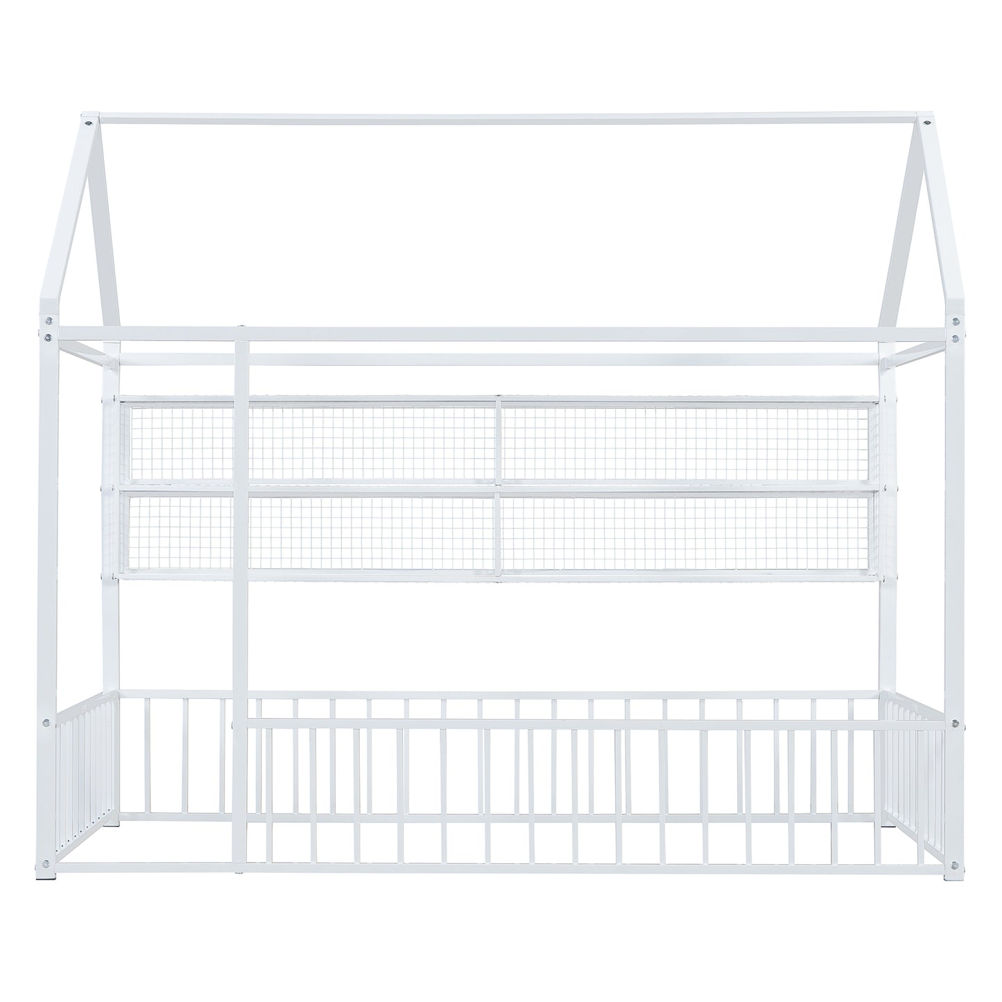 White metal house bed frame with picket fence detailing and two wire shelf tiers
