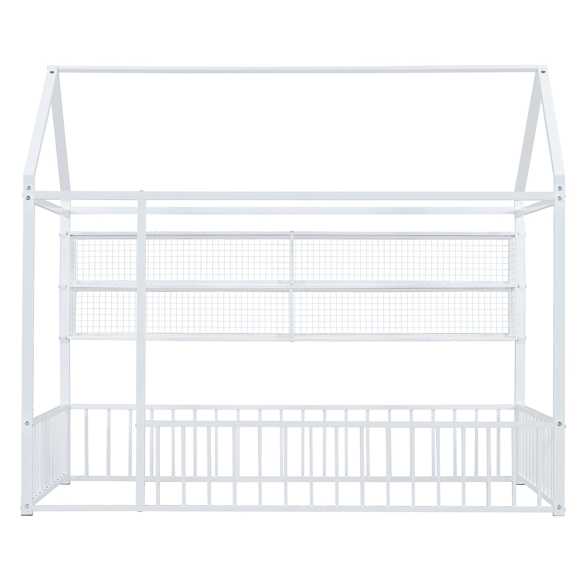 White metal house bed frame with picket fence detailing and two wire shelf tiers