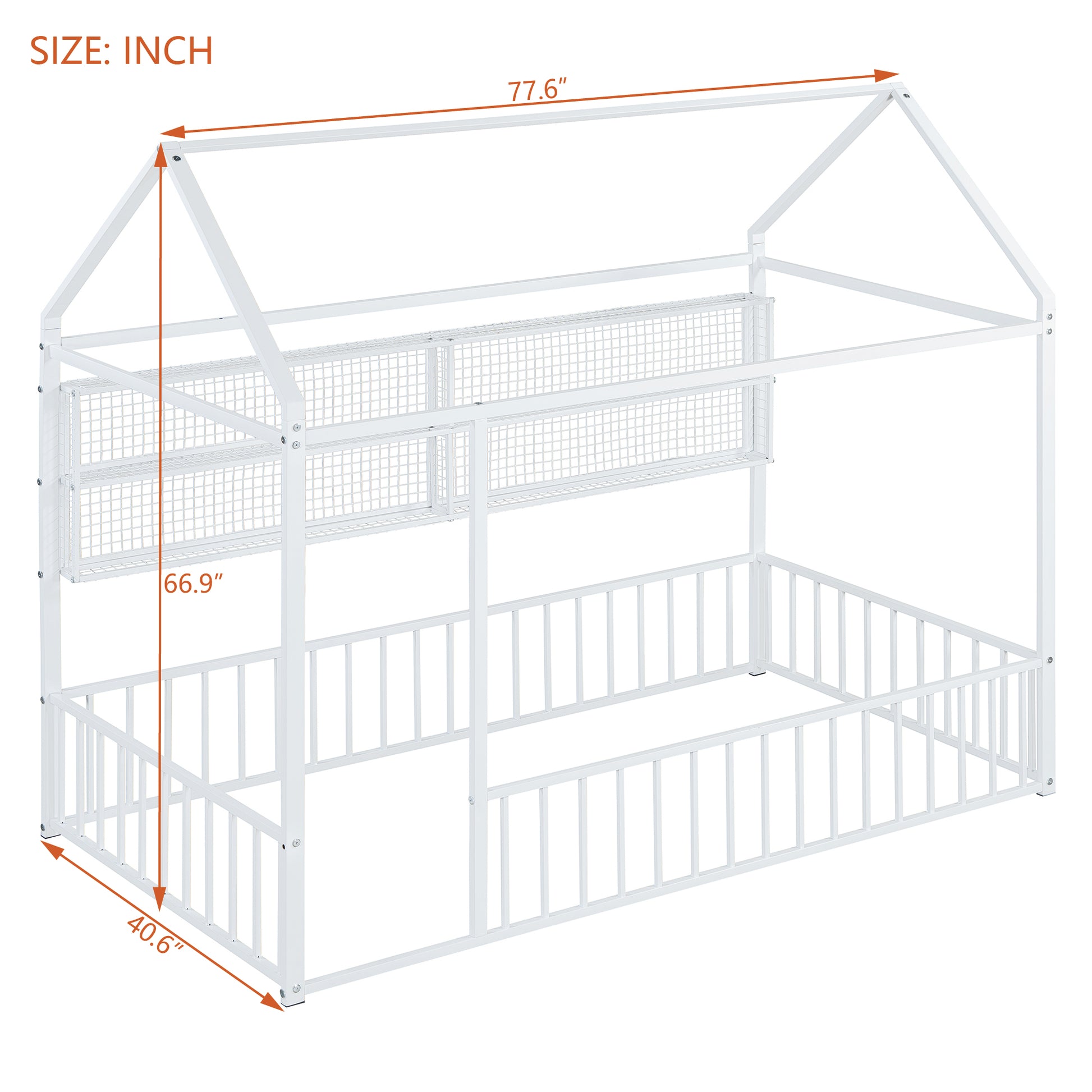 White metal house bed frame with railings and two shelves