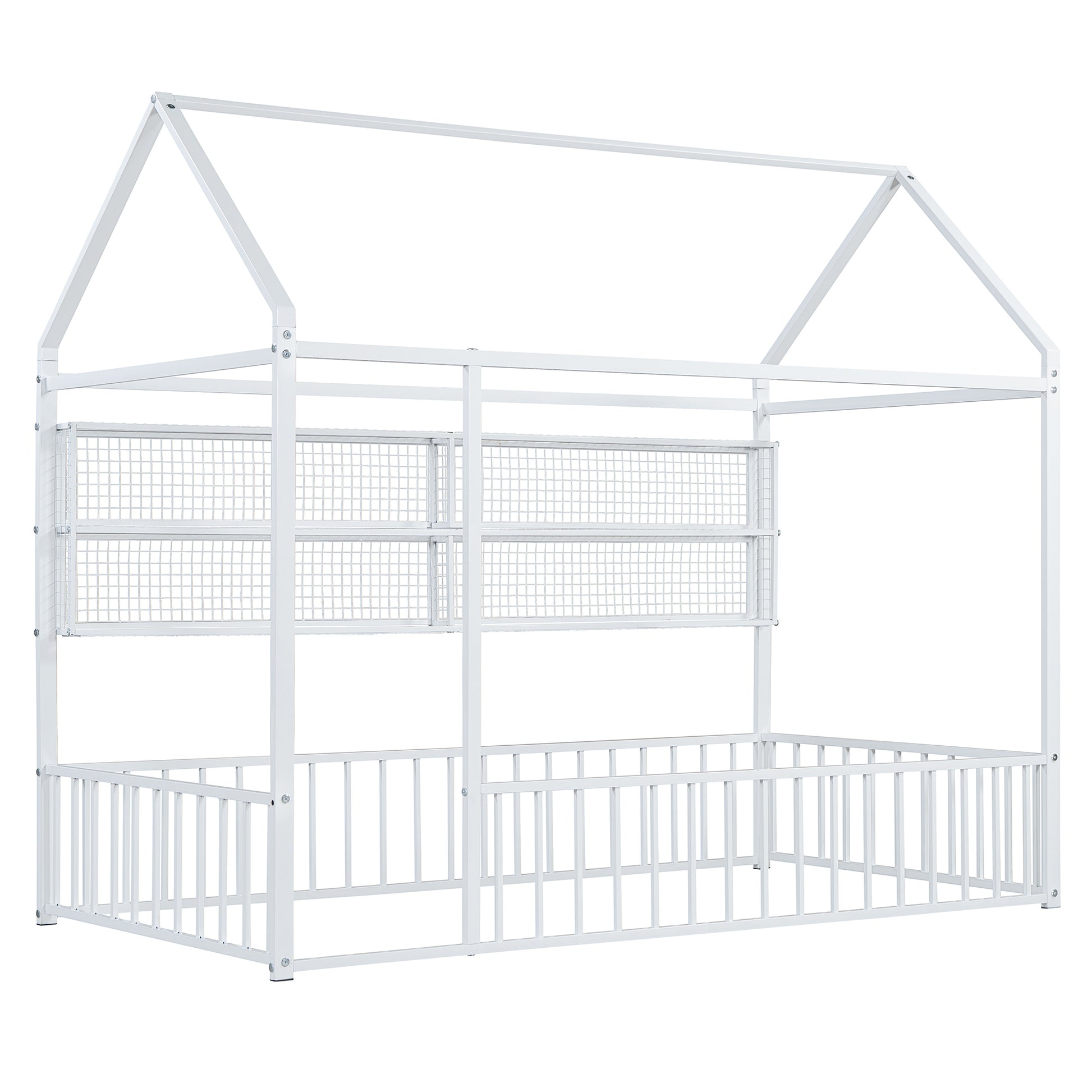 White metal house bed frame with fence and mesh shelves