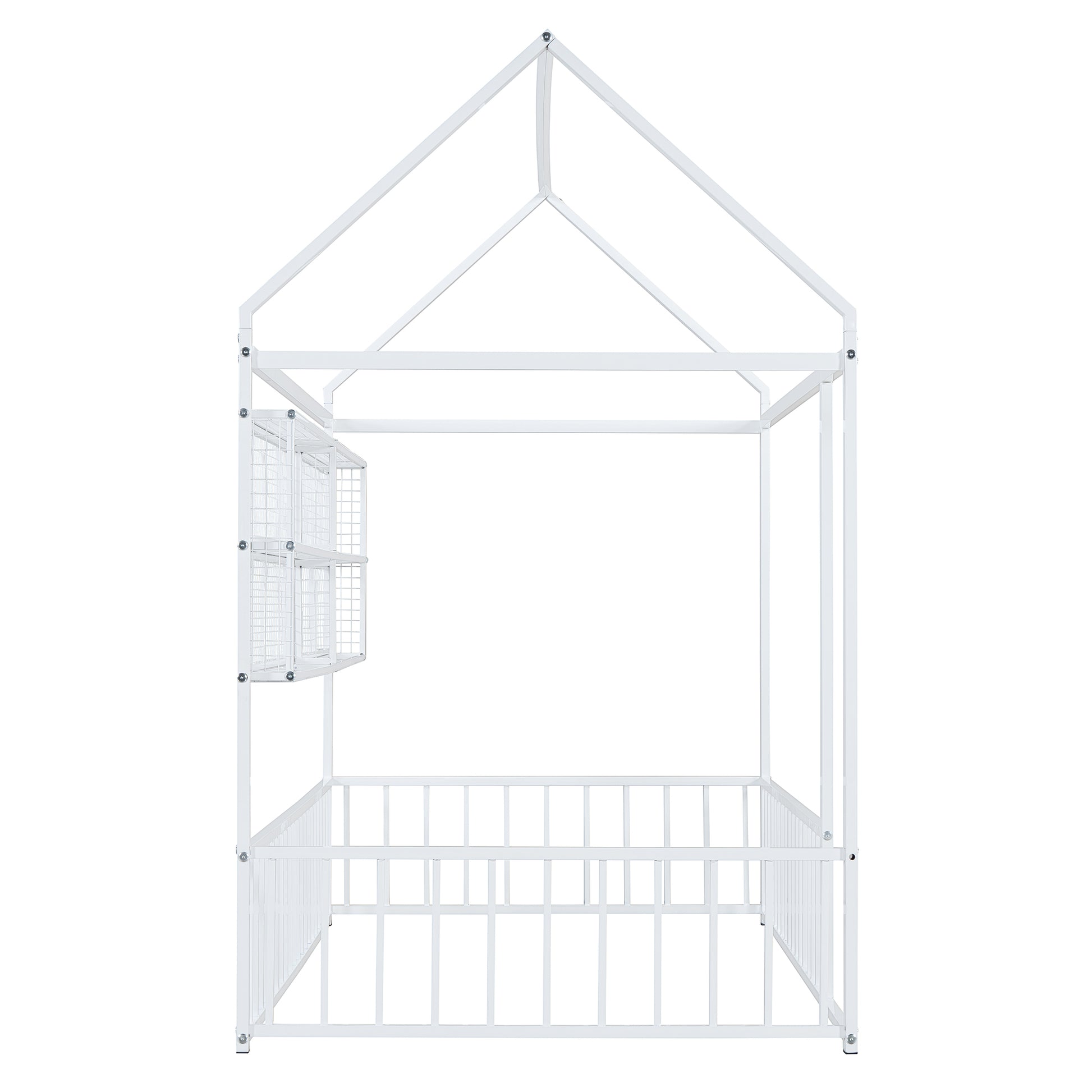White metal house frame bed with attached wire storage baskets