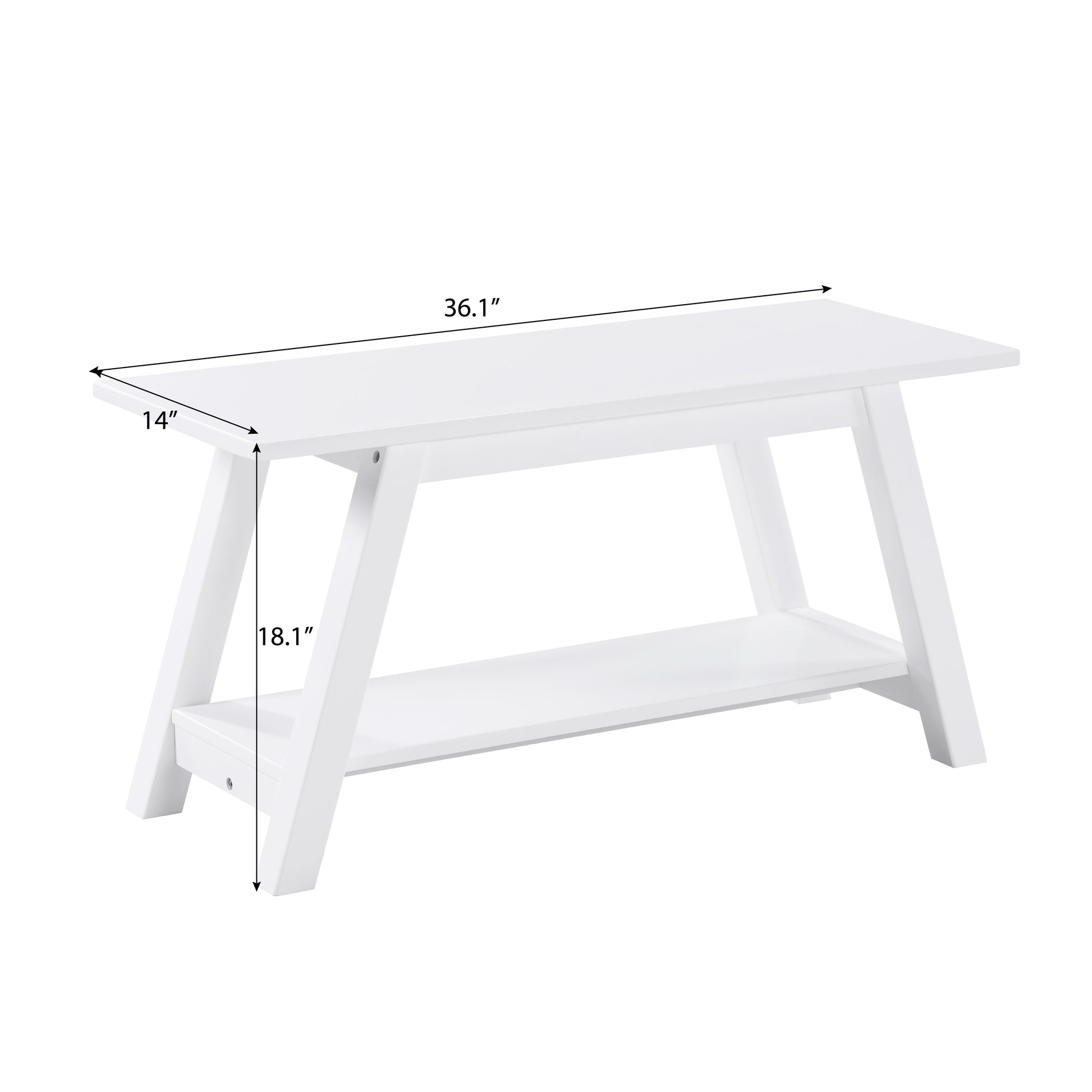 White wooden coffee table with lower shelf and Aframe legs