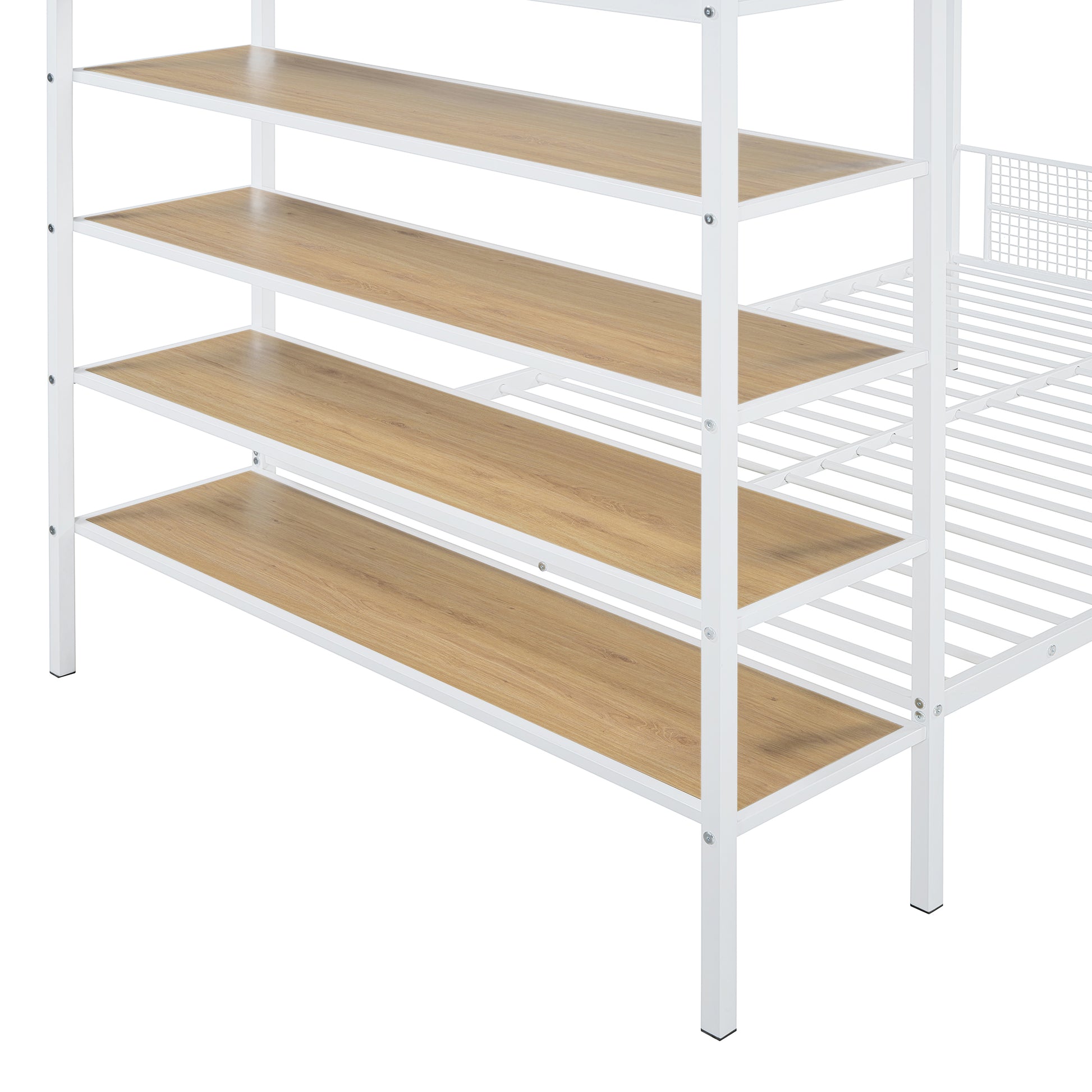 White metal bunk bed frame with four light oak wood shelves