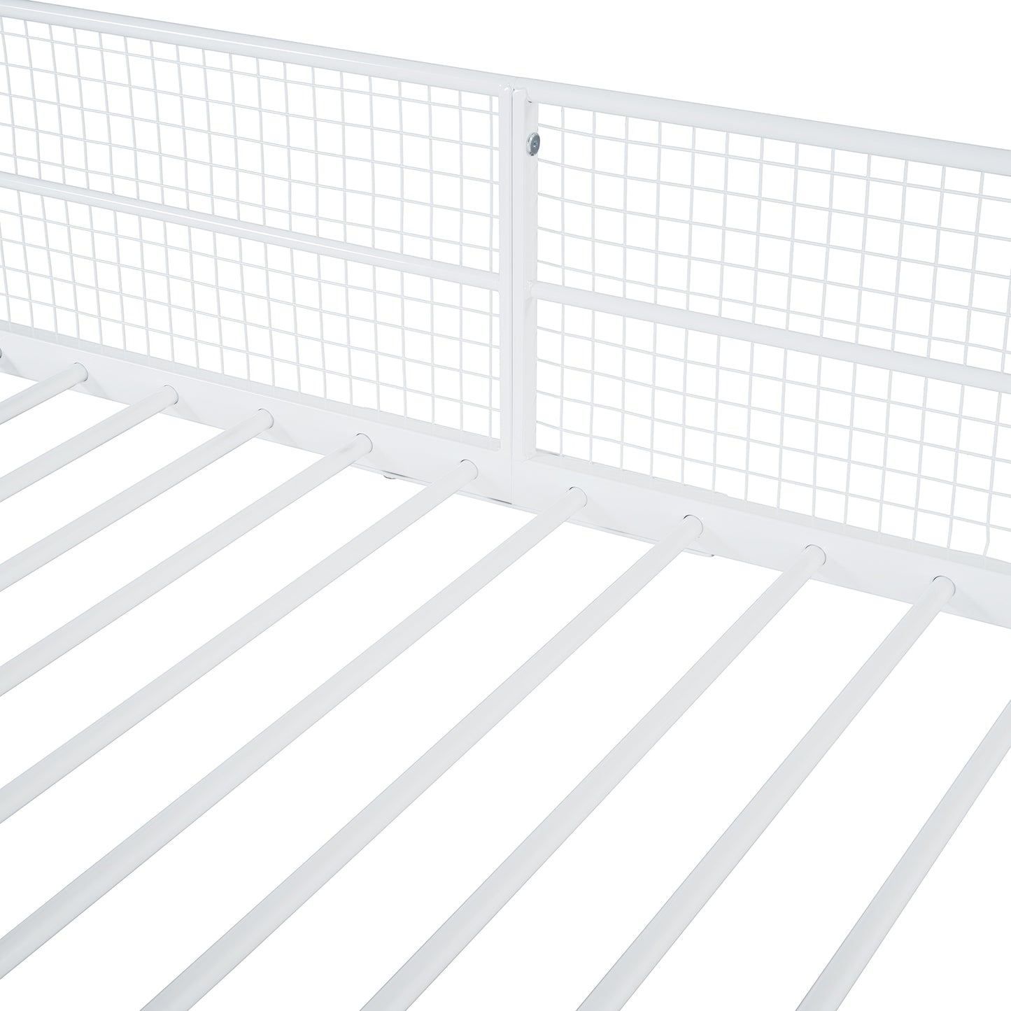 White metal bed frame with a grid headboard and slatted base