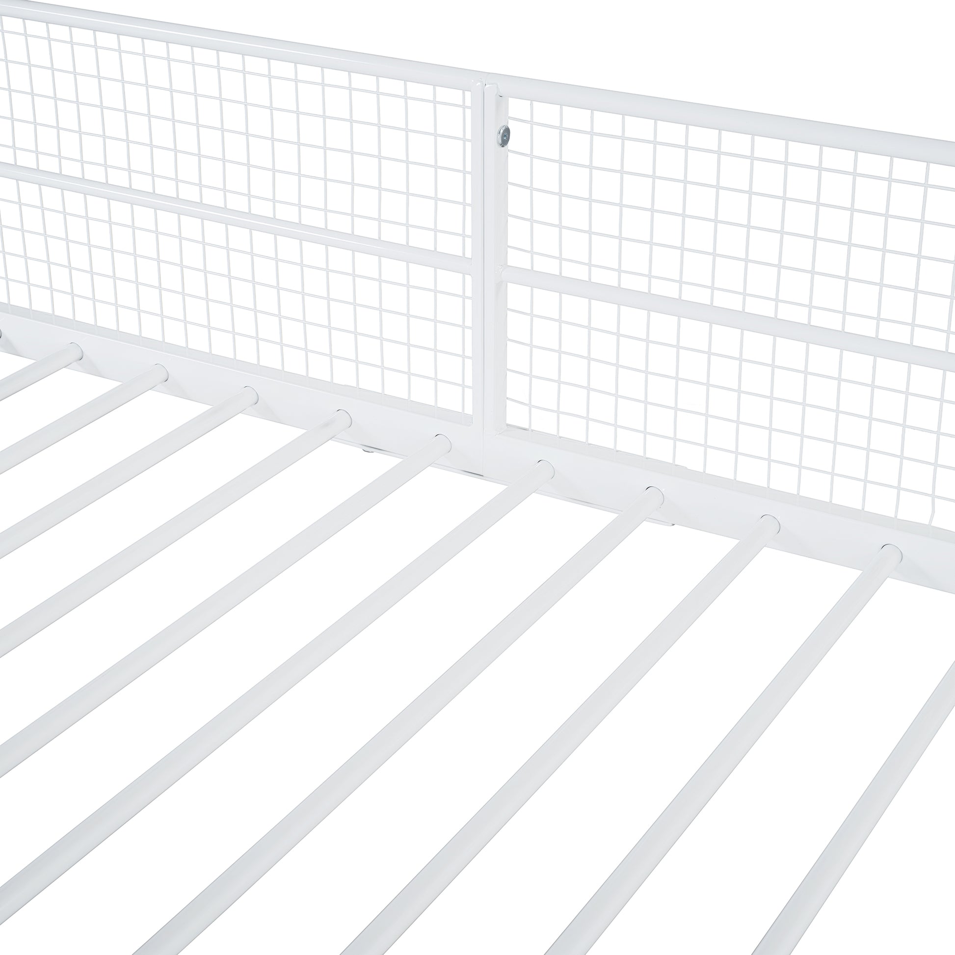White metal bed frame with a grid headboard and slatted base
