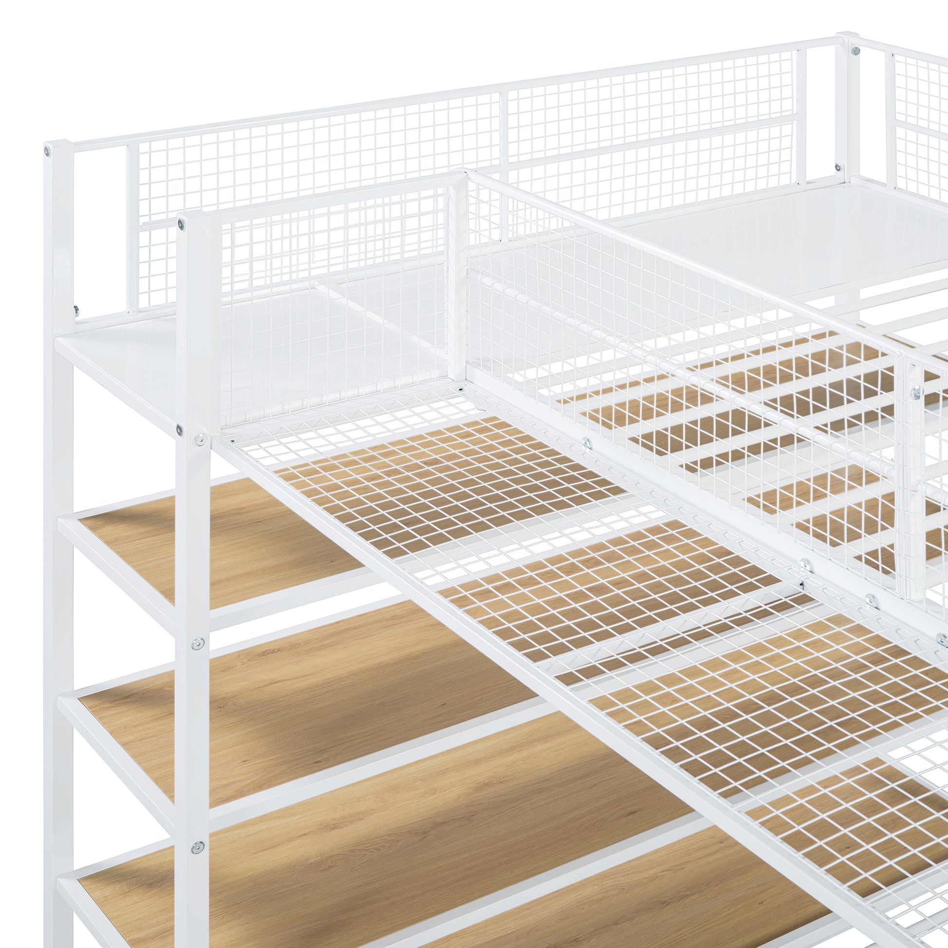 White metal bunk bed frame with wood grain composite shelves