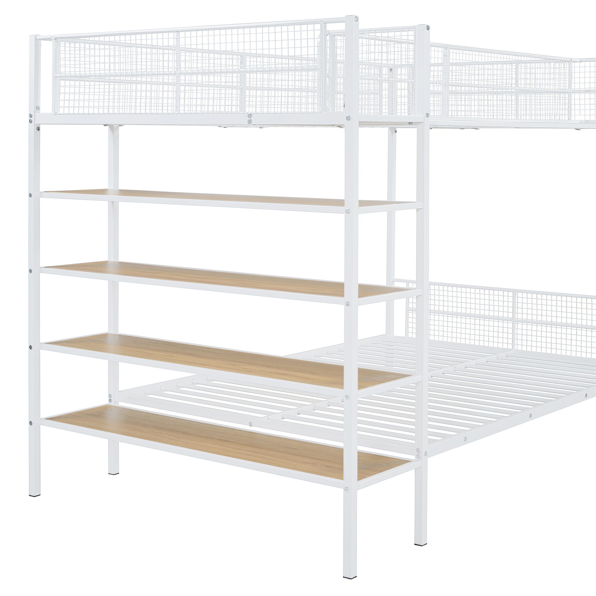 White metal twin bunk bed with integrated shelving