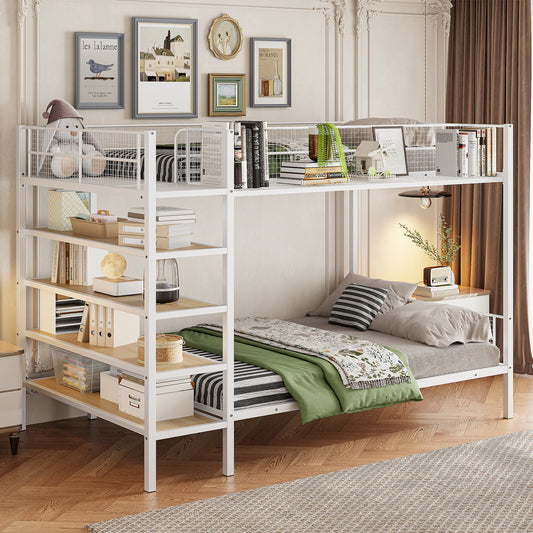 White metal bunk bed with storage shelves