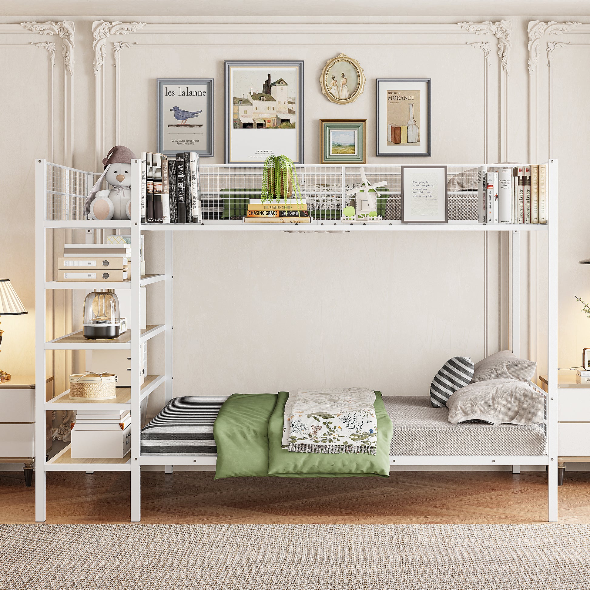 White metal loft bed with shelves and bedding